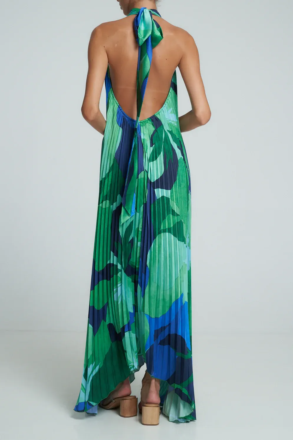 Cami Green Irregularly Pleated Printed Maxi Dress