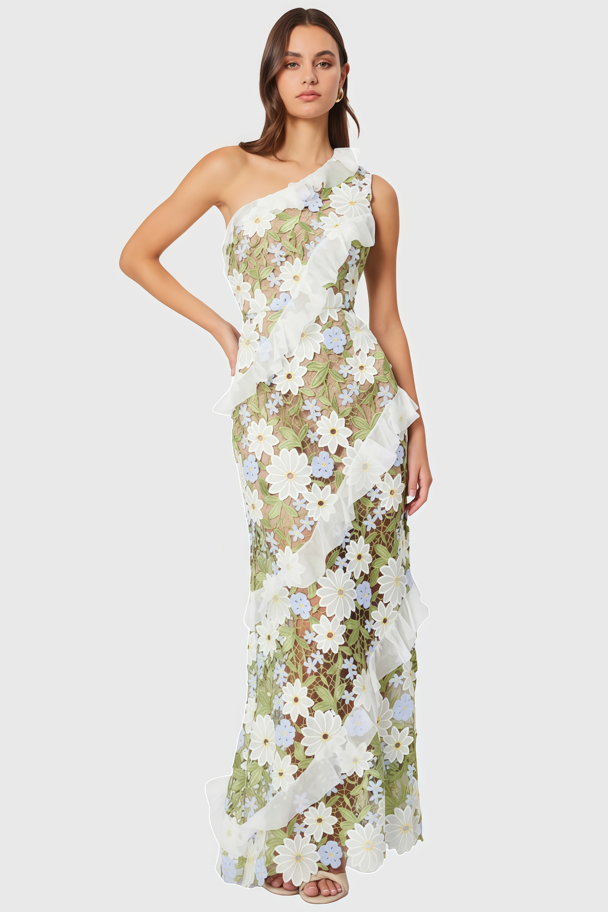Zephy One Shoulder Lace Maxi Dress