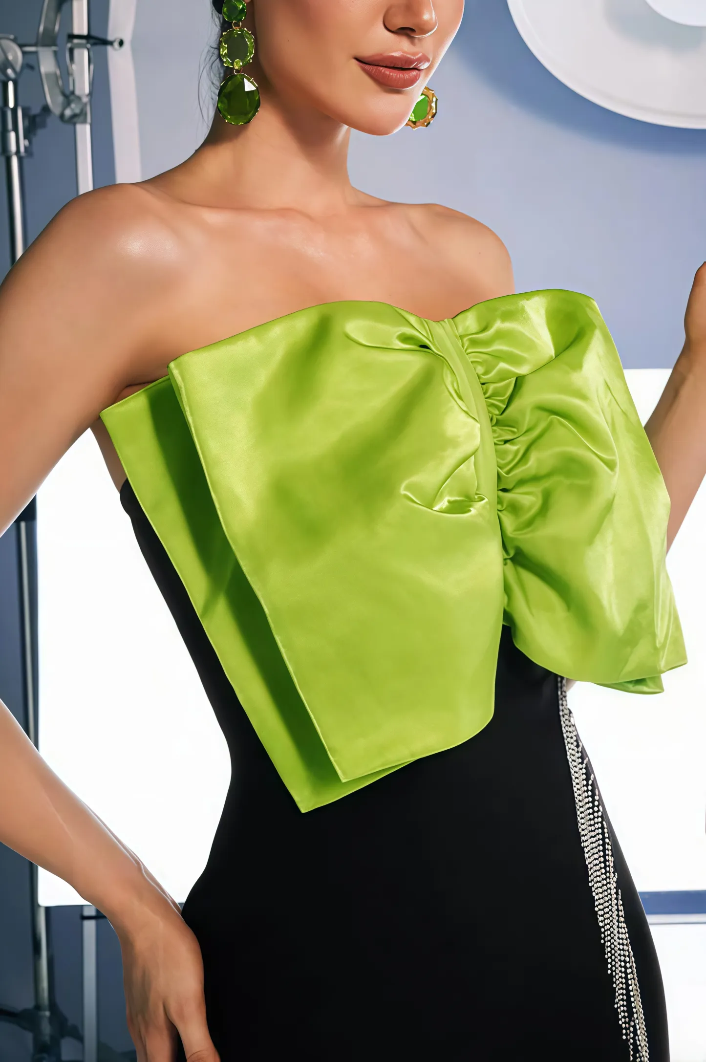 Tobias Strapless Bow Crystal Fringe Mini Dress