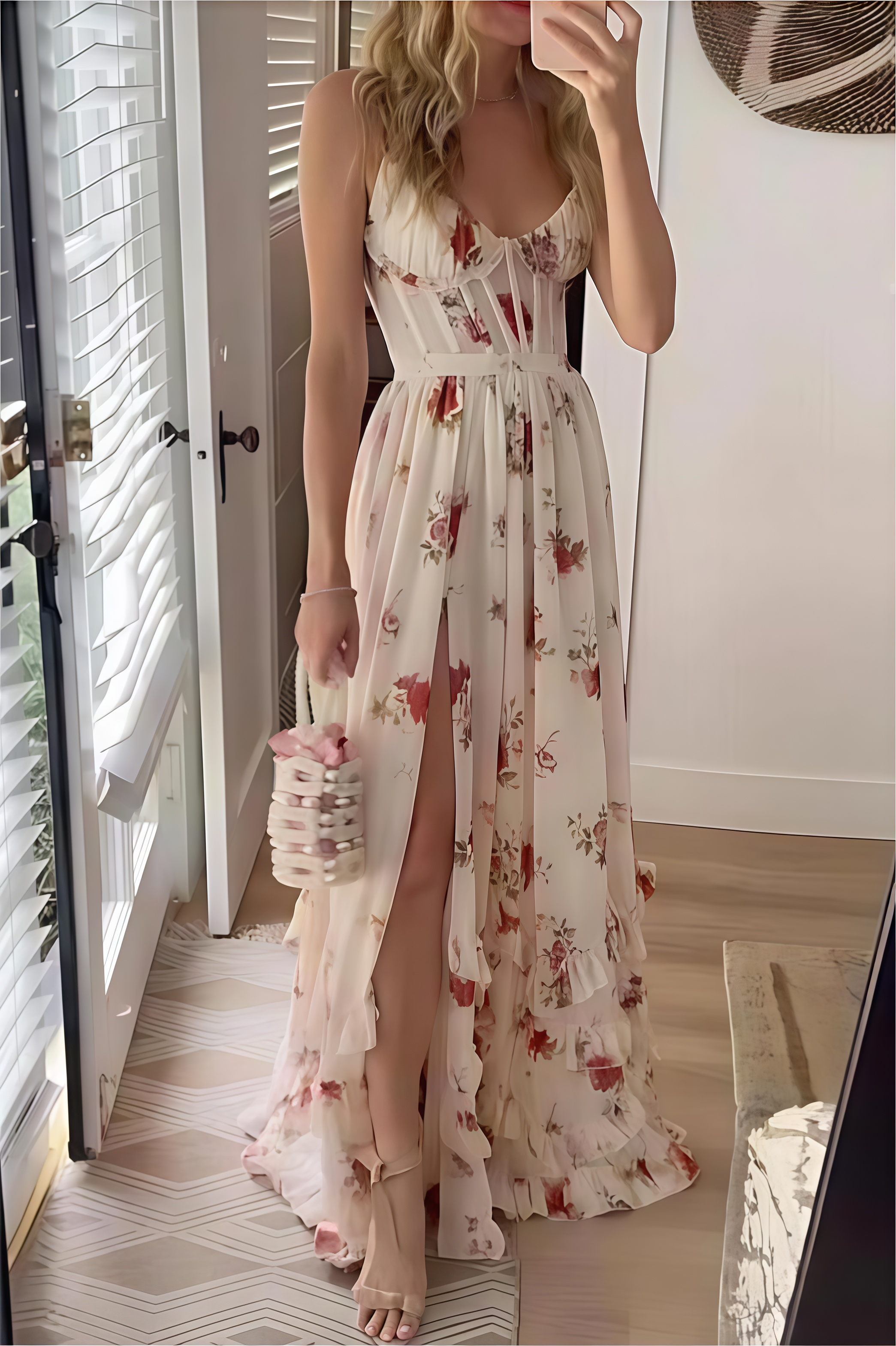 Candi Floral Sweetheart Neck Split Midi Dress