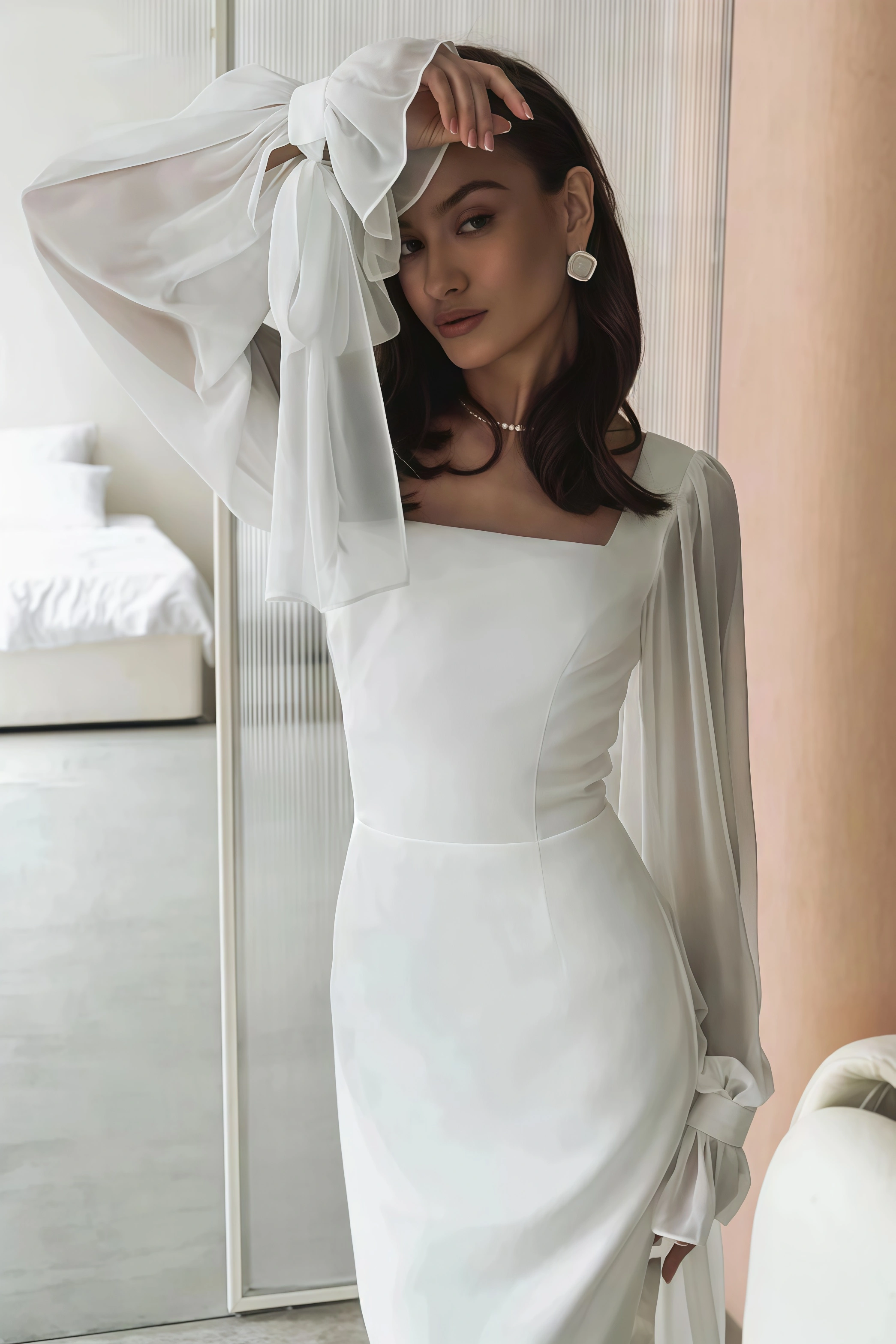 Dlasa Square Neck Lantern Sleeve Midi Dress