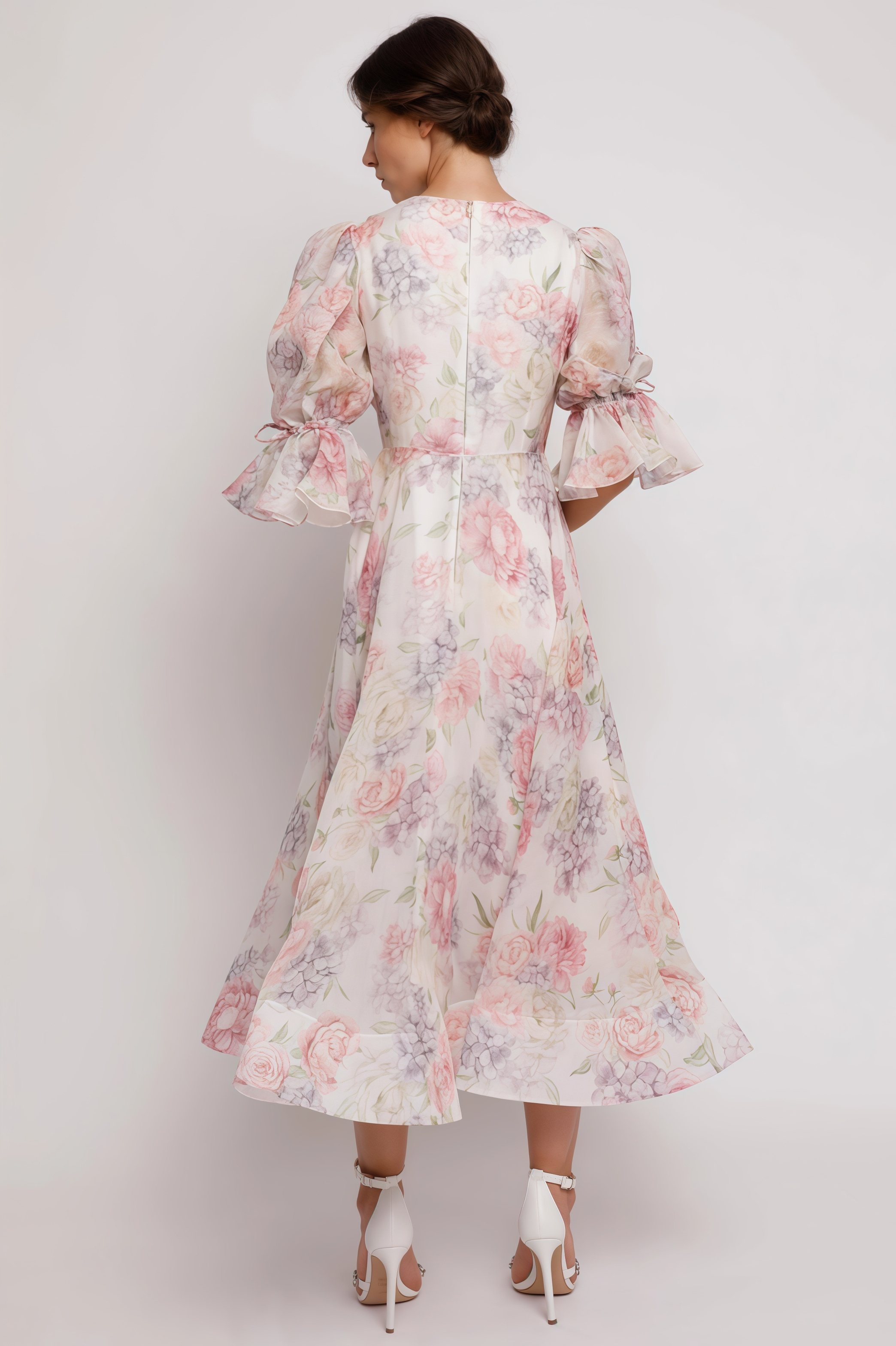 Pierse 3D Flower Floral Lantern Sleeve Midi Dress
