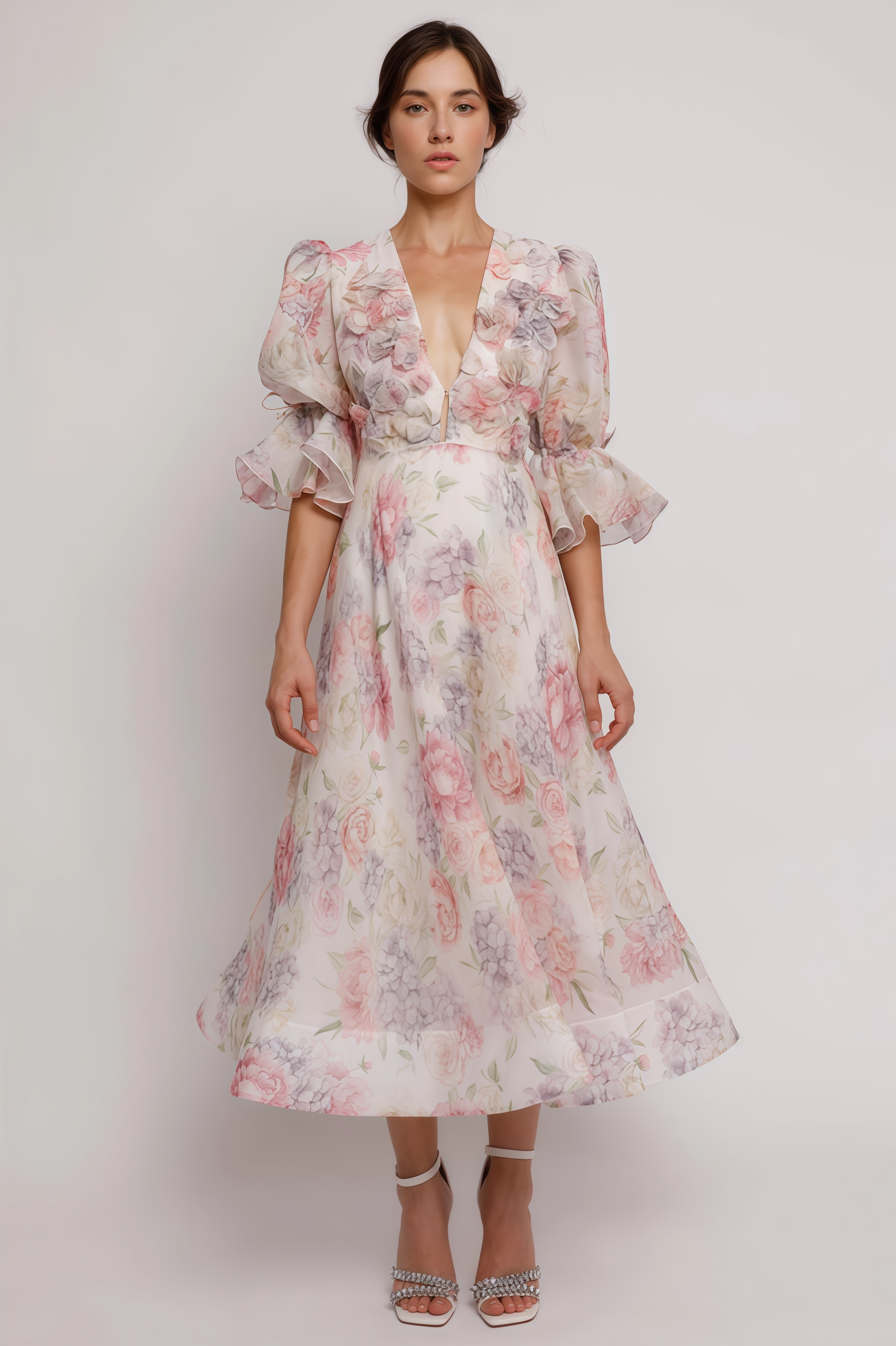 Pierse 3D Flower Floral Lantern Sleeve Midi Dress