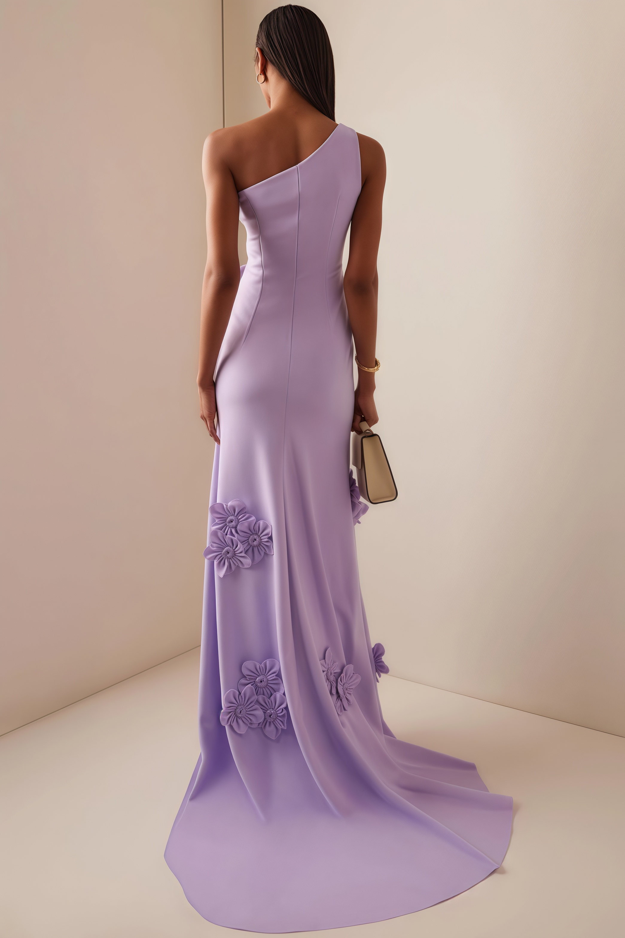 Niverk Satin 3D Flower Skew Collar Maxi Dress