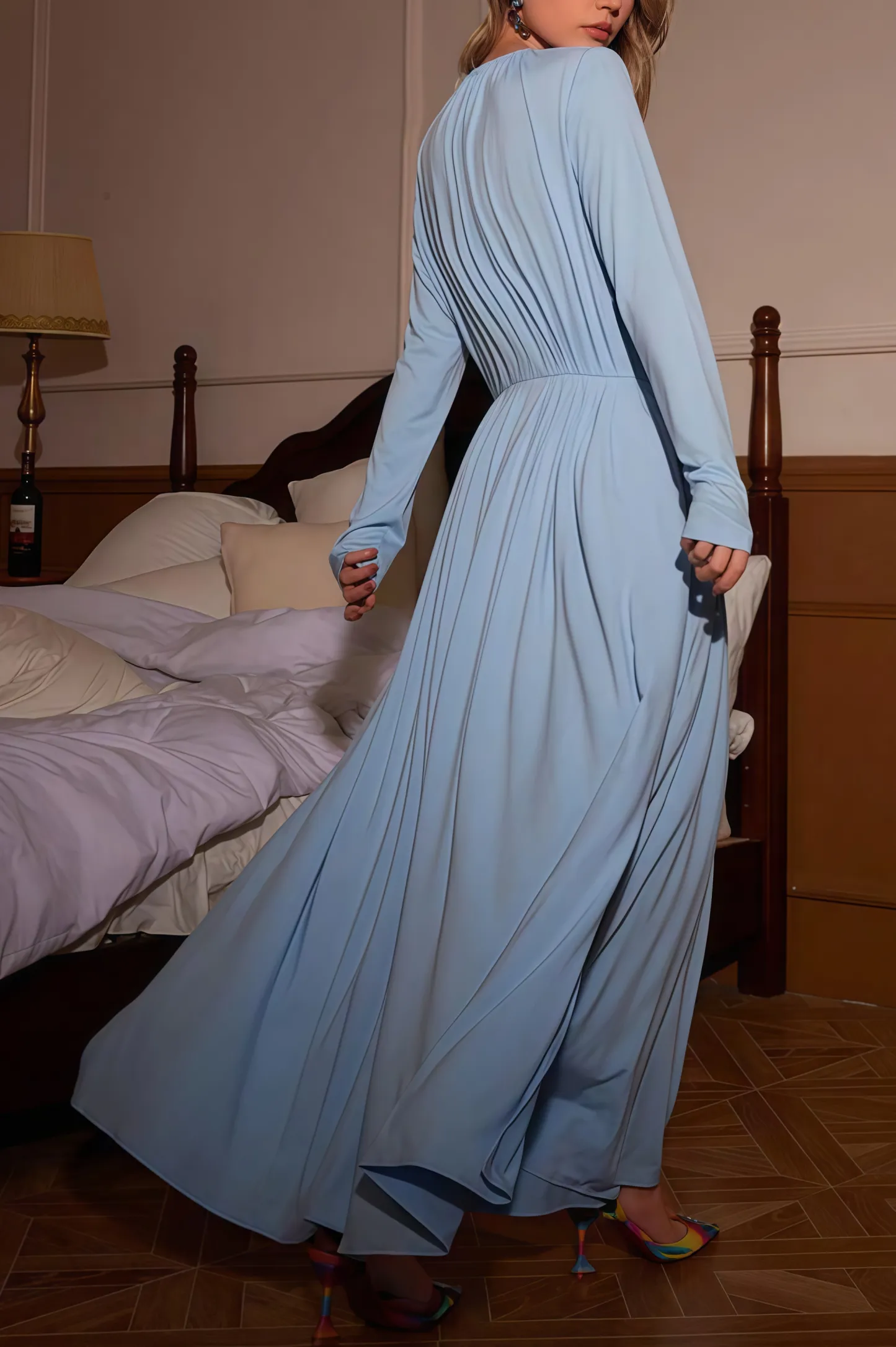 Aeliana 3D Floral Jersey Solid Bottom Maxi Dress - Blue