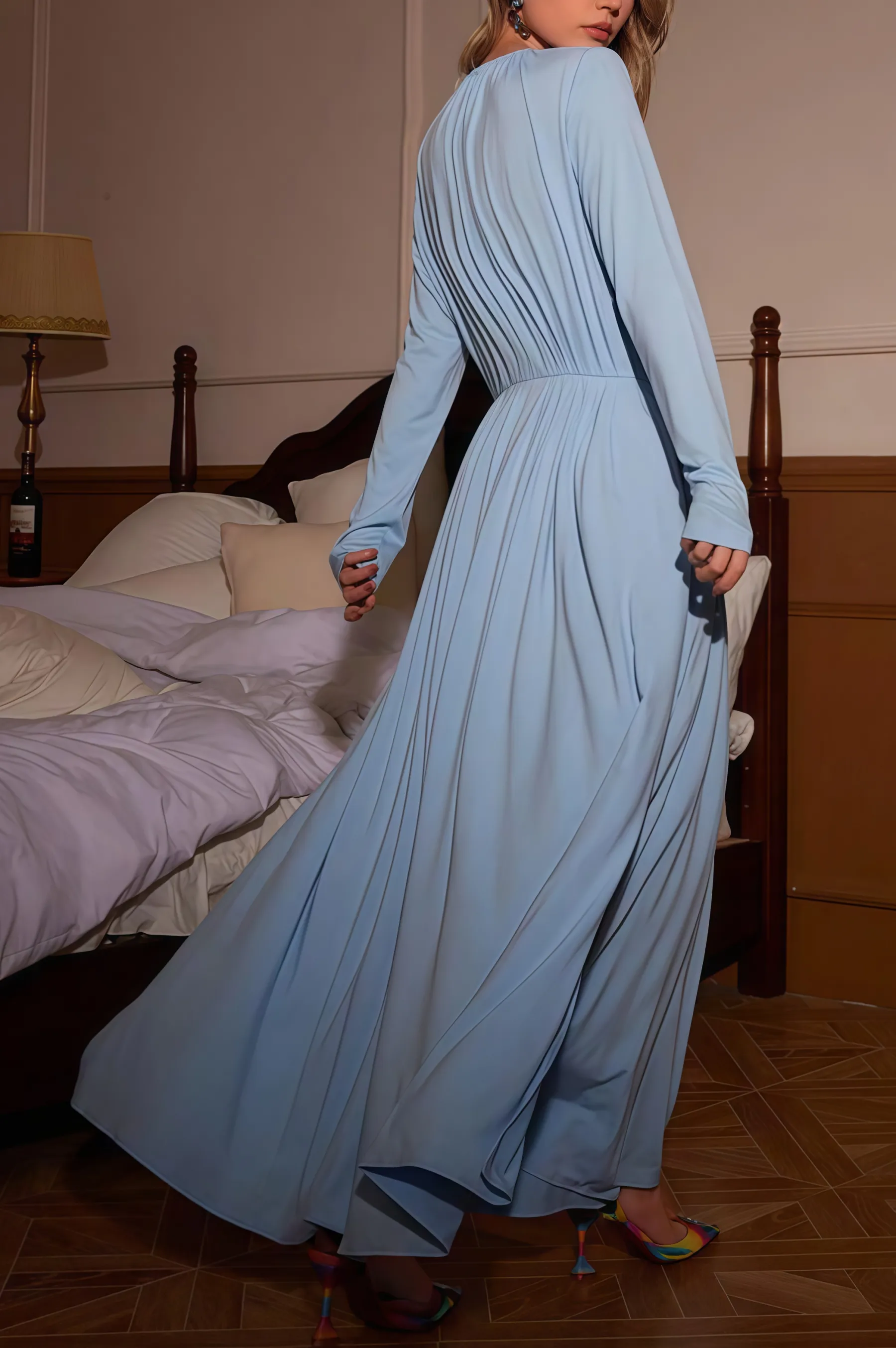 Aeliana 3D Floral Jersey Solid Bottom Maxi Dress - Blue