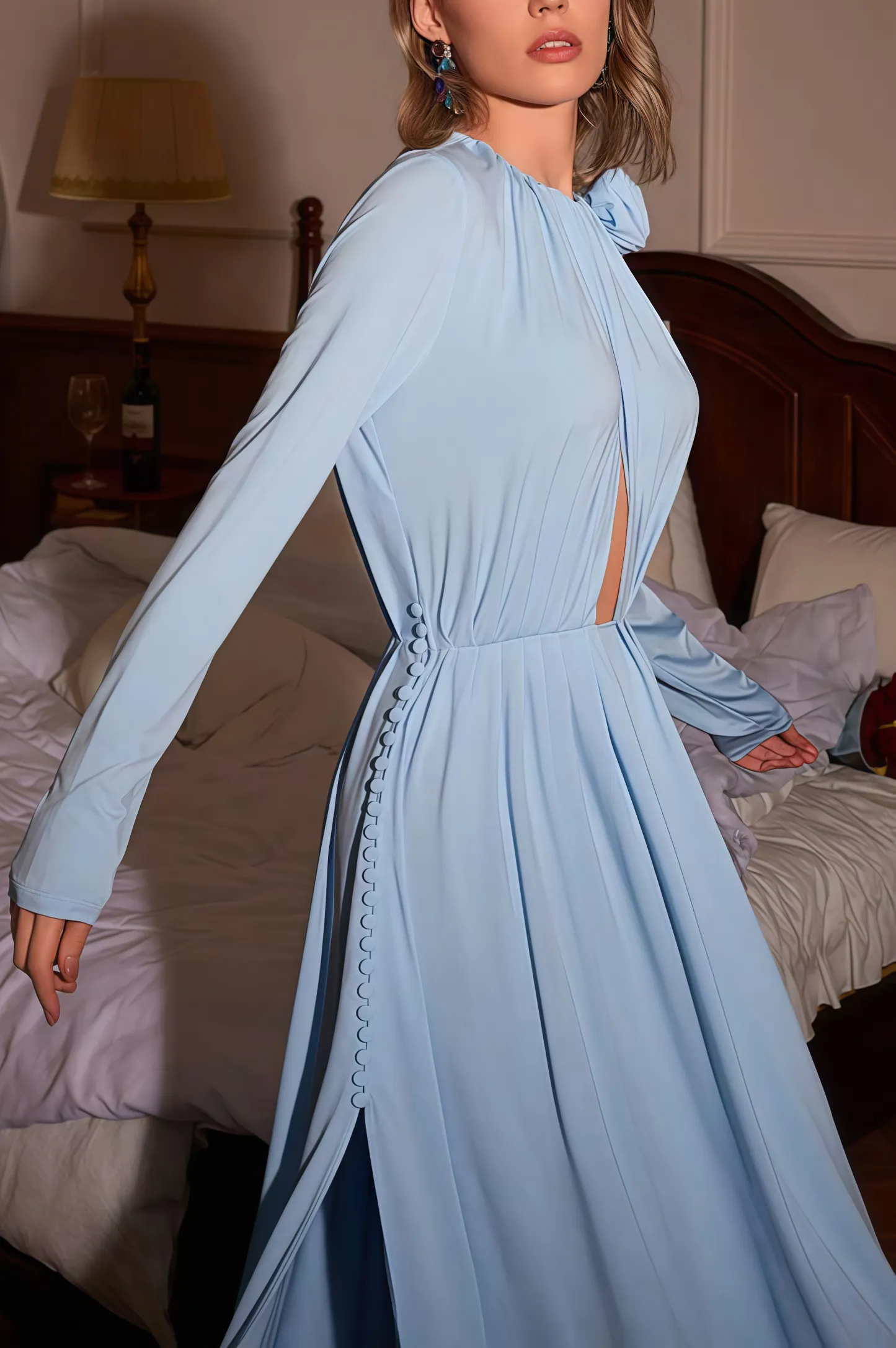 Aeliana 3D Floral Jersey Solid Bottom Maxi Dress - Blue
