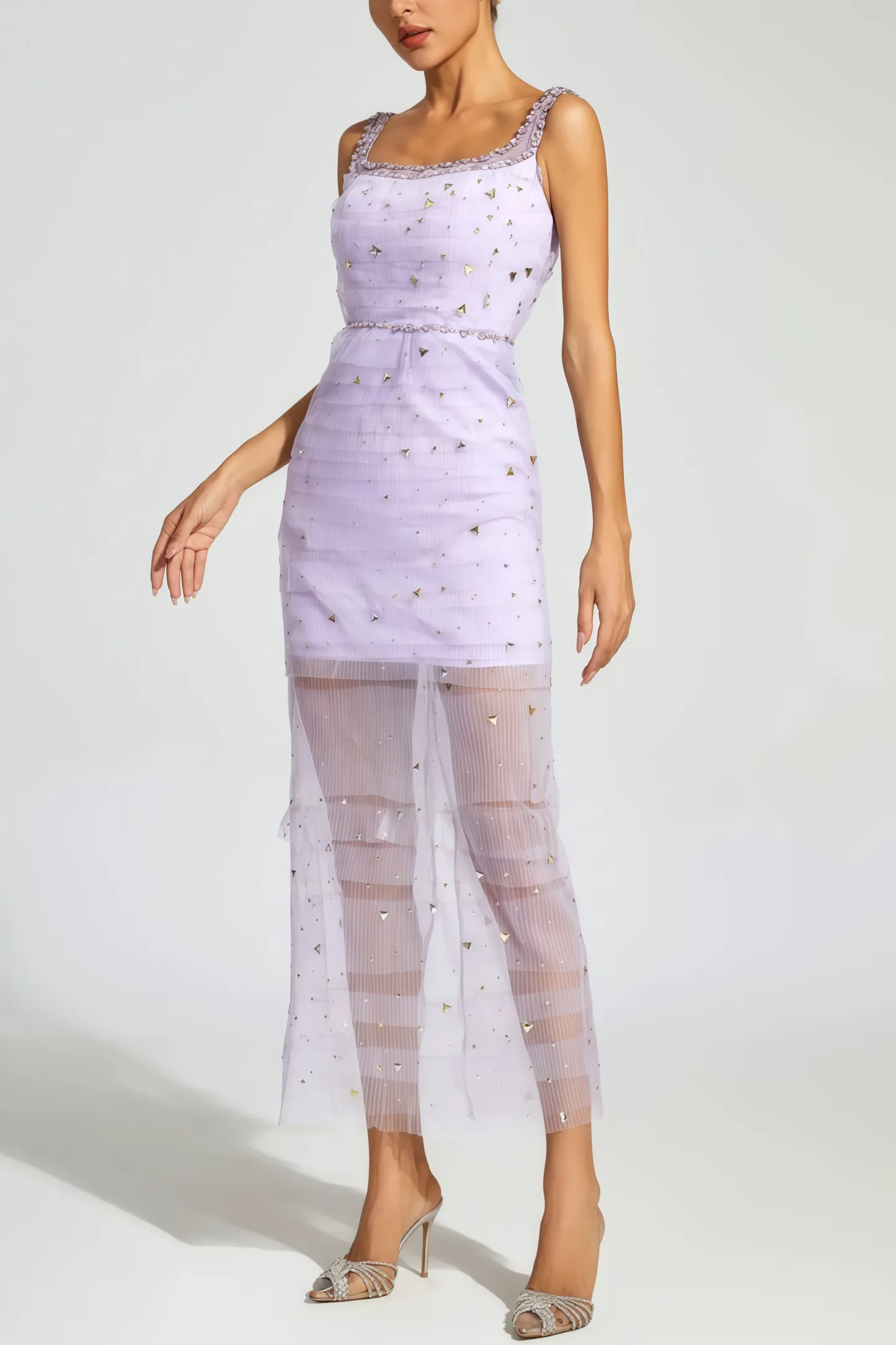 Arthura Purple Diamond Mesh Midi Dress