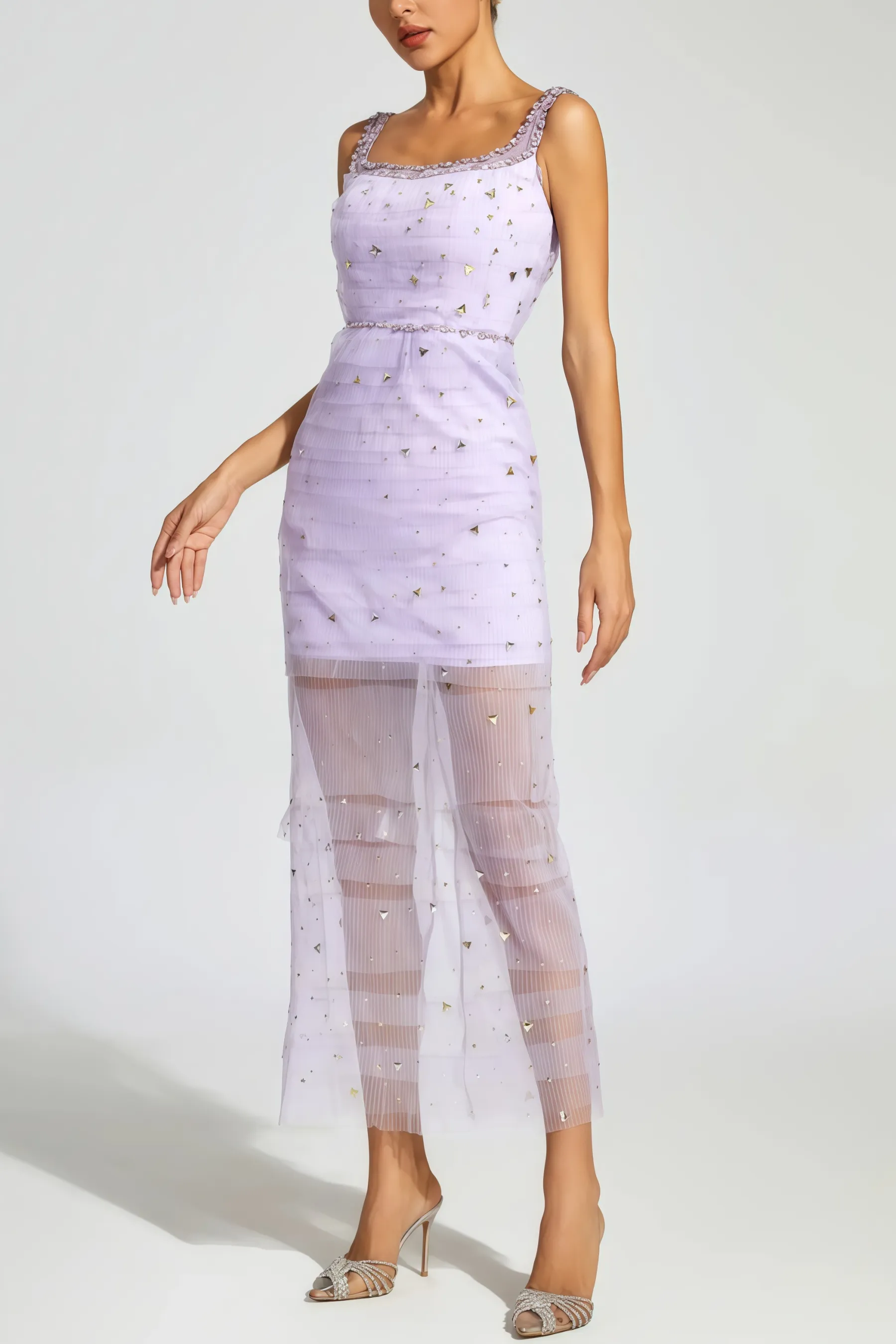 Arthura Purple Diamond Mesh Midi Dress