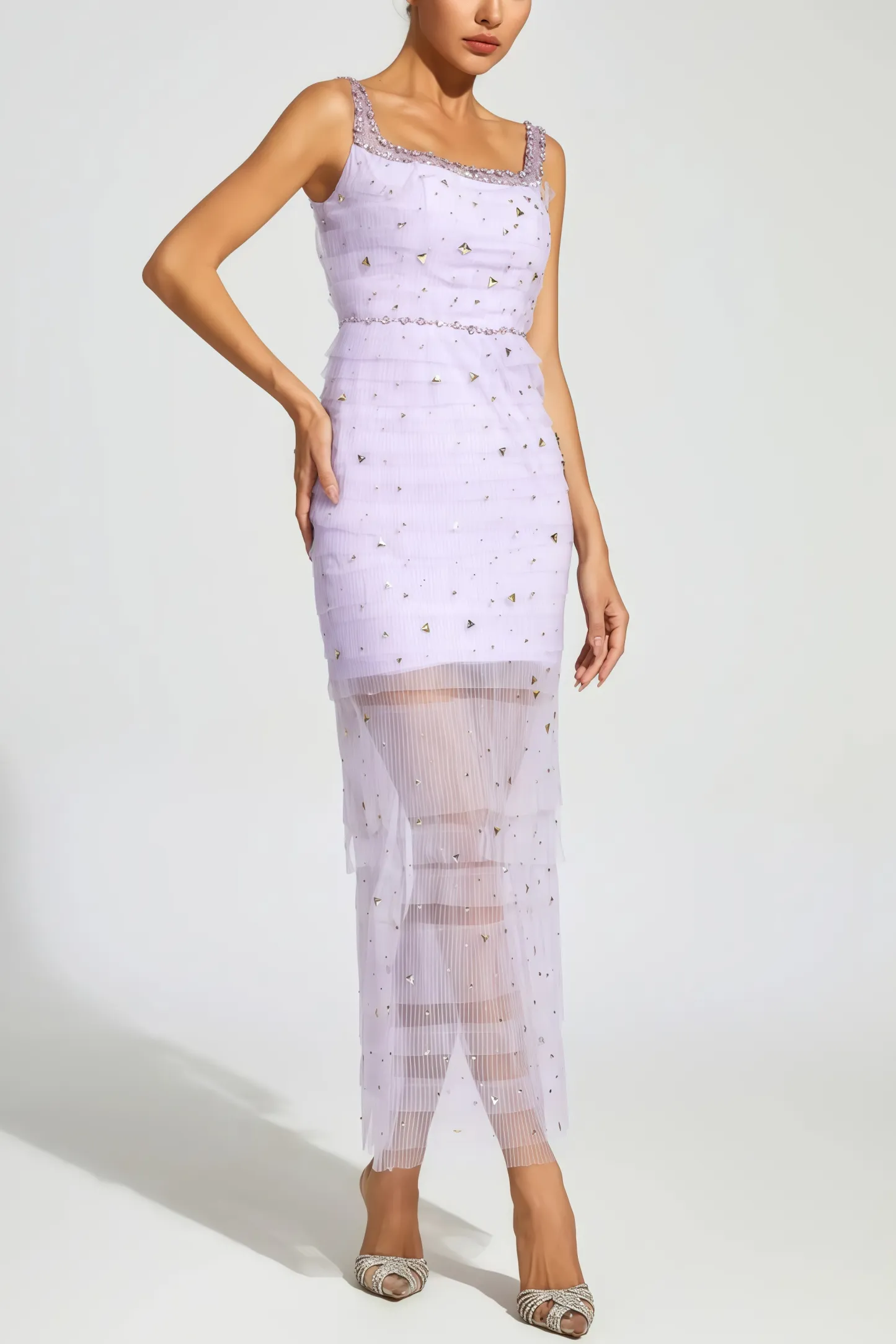 Arthura Purple Diamond Mesh Midi Dress