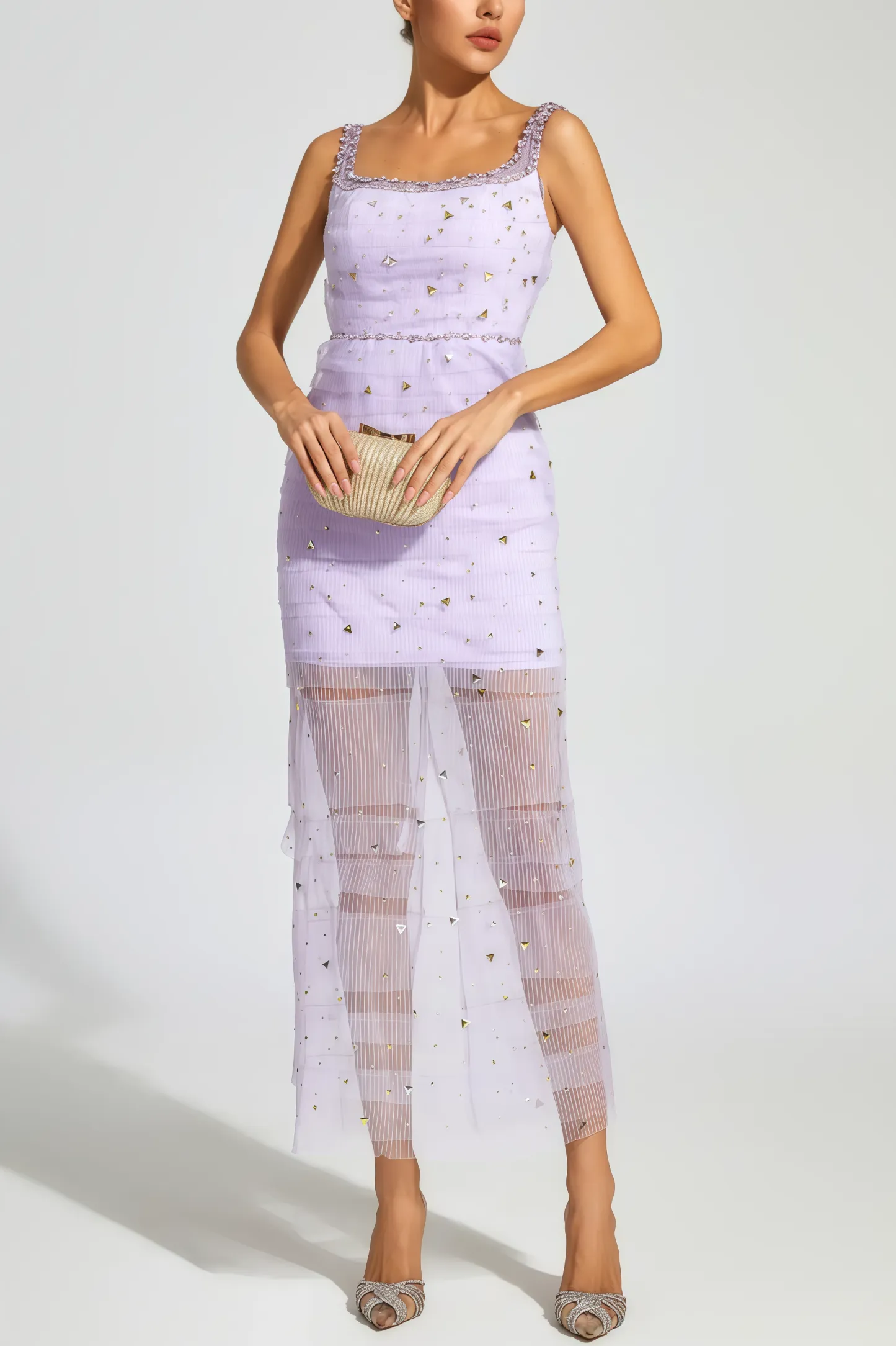 Arthura Purple Diamond Mesh Midi Dress