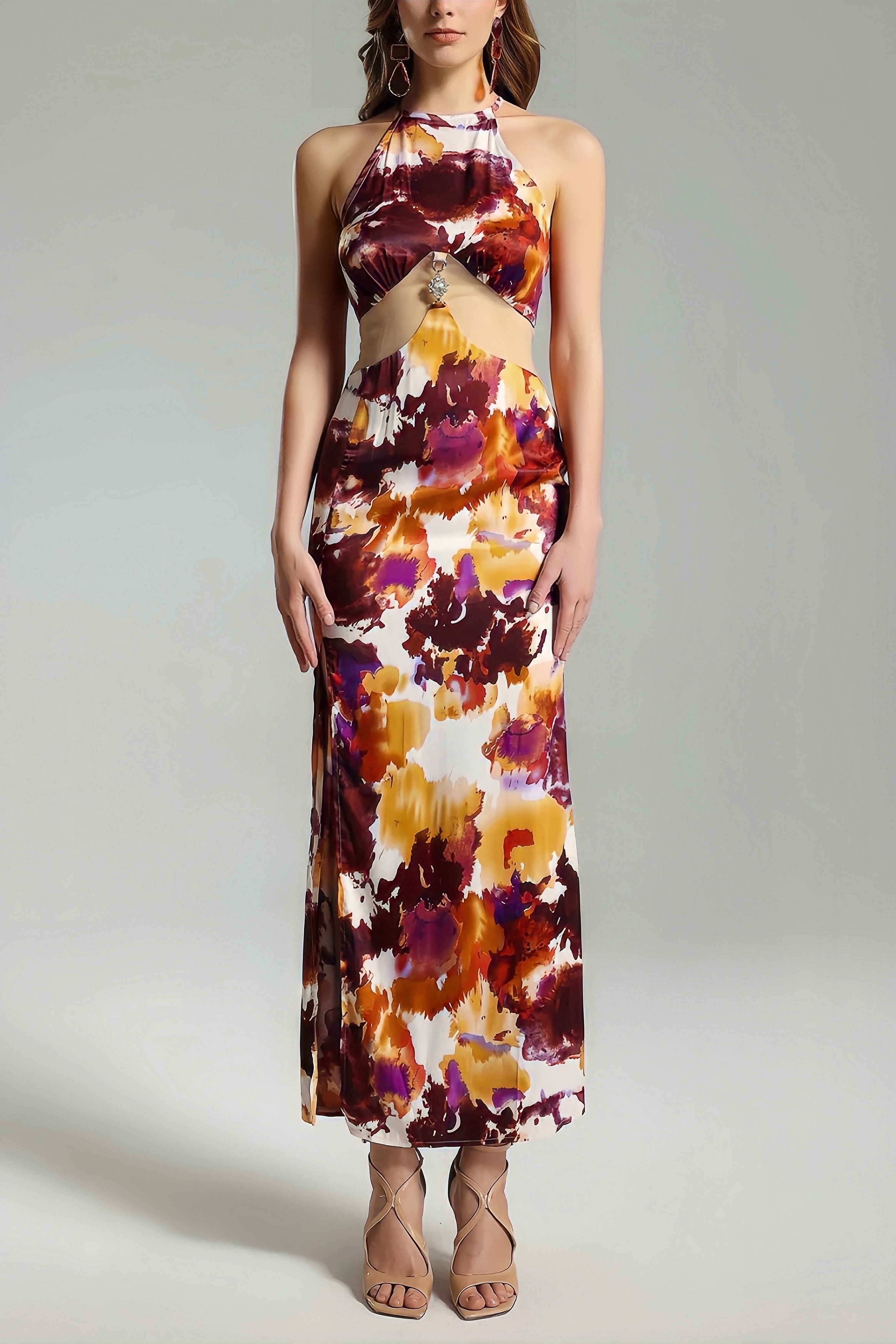 Rana Vintage Printed Sleeveless Split Maxi Dress
