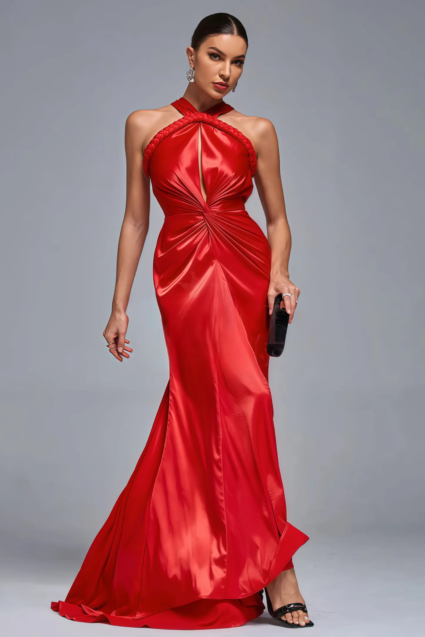 Maris Backless Satin Woven Draped Maxi Dress
