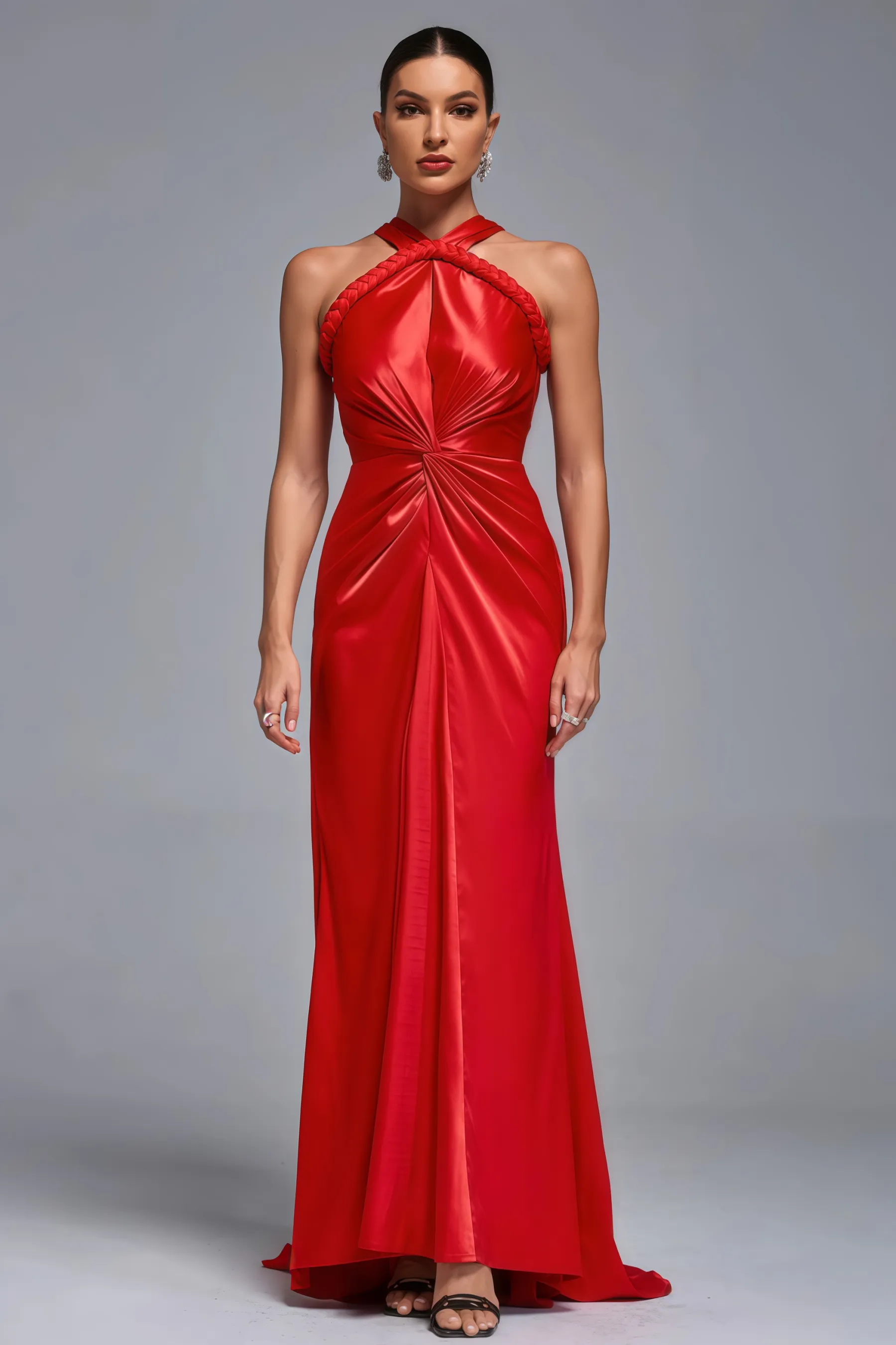 Maris Backless Satin Woven Draped Maxi Dress