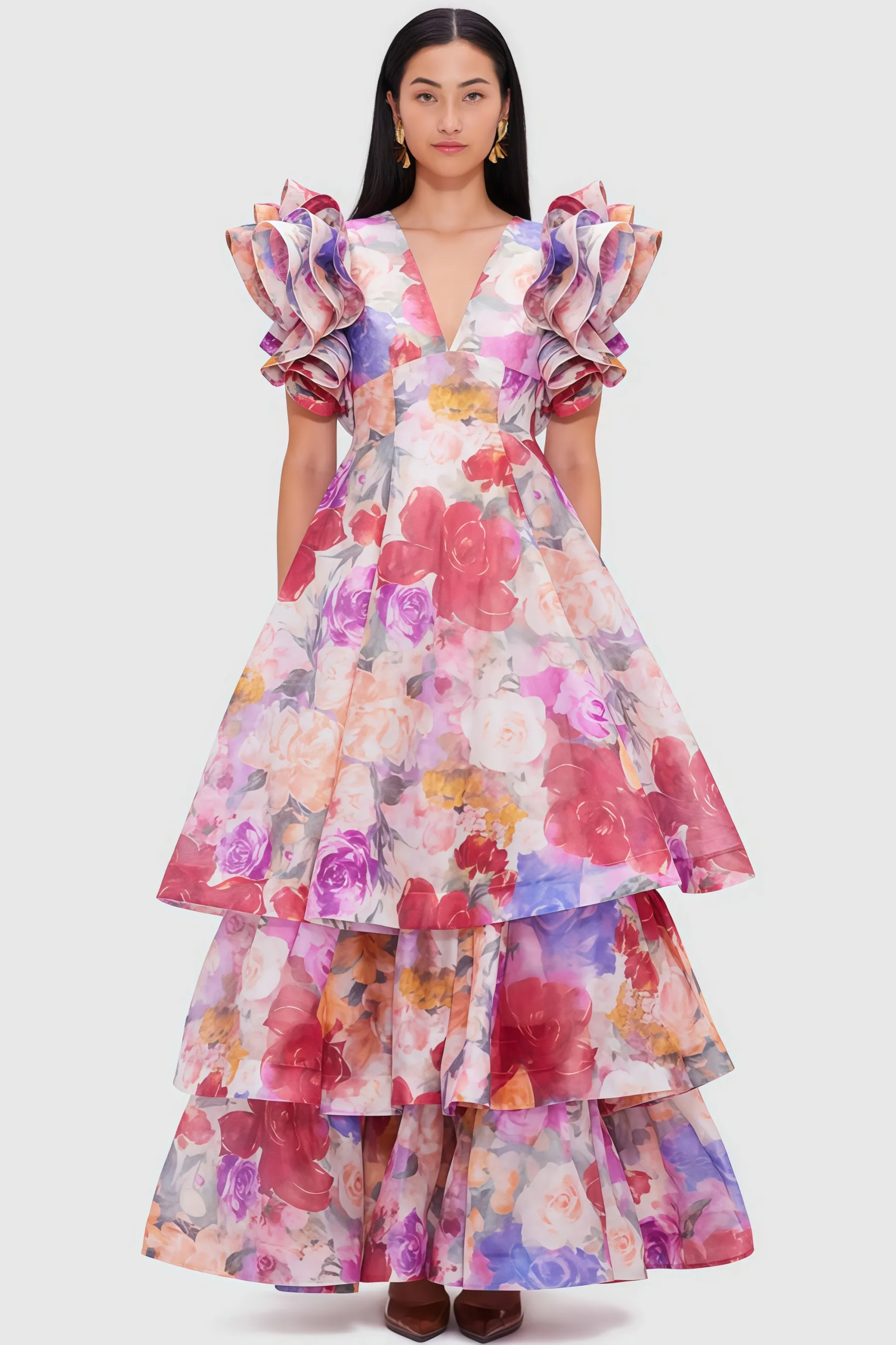 Mabel V Neck Floral Ruffle Maxi Dress