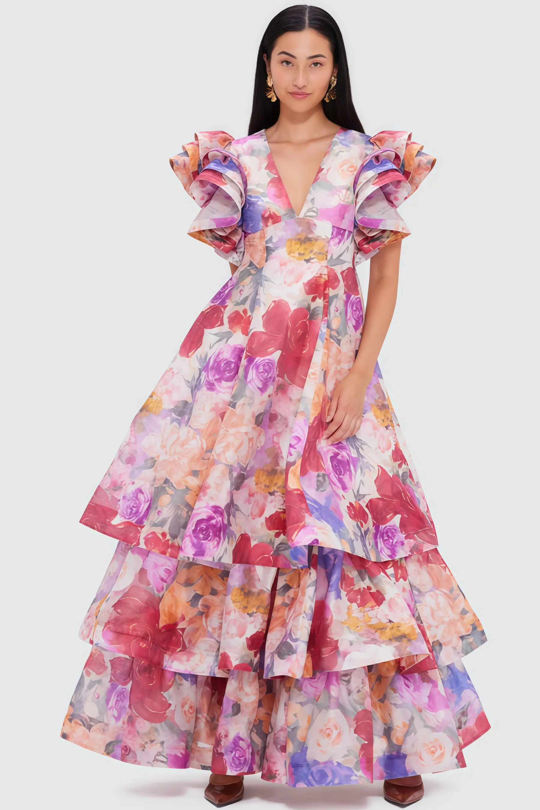 Mabel V Neck Floral Ruffle Maxi Dress