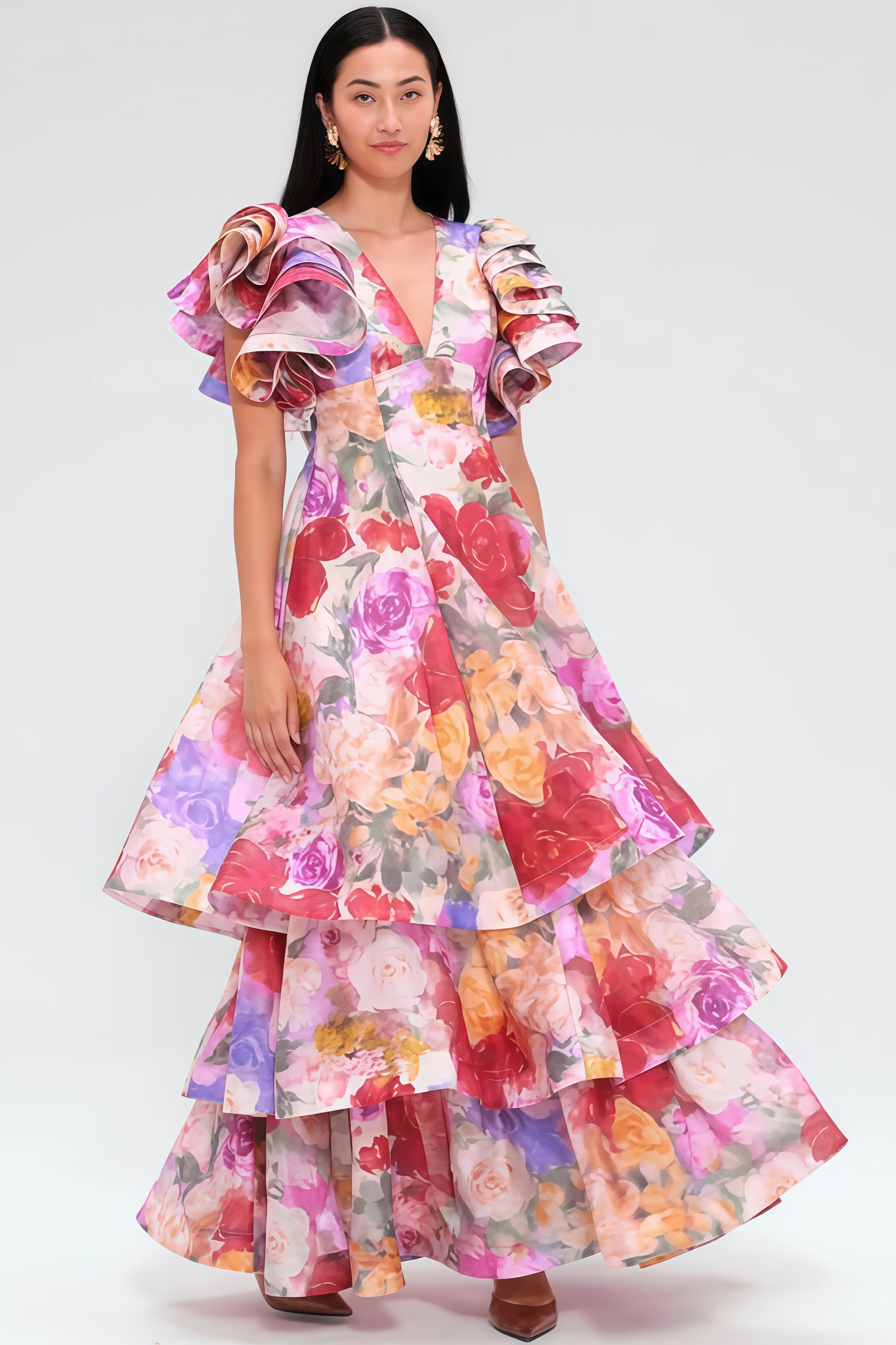 Mabel V Neck Floral Ruffle Maxi Dress