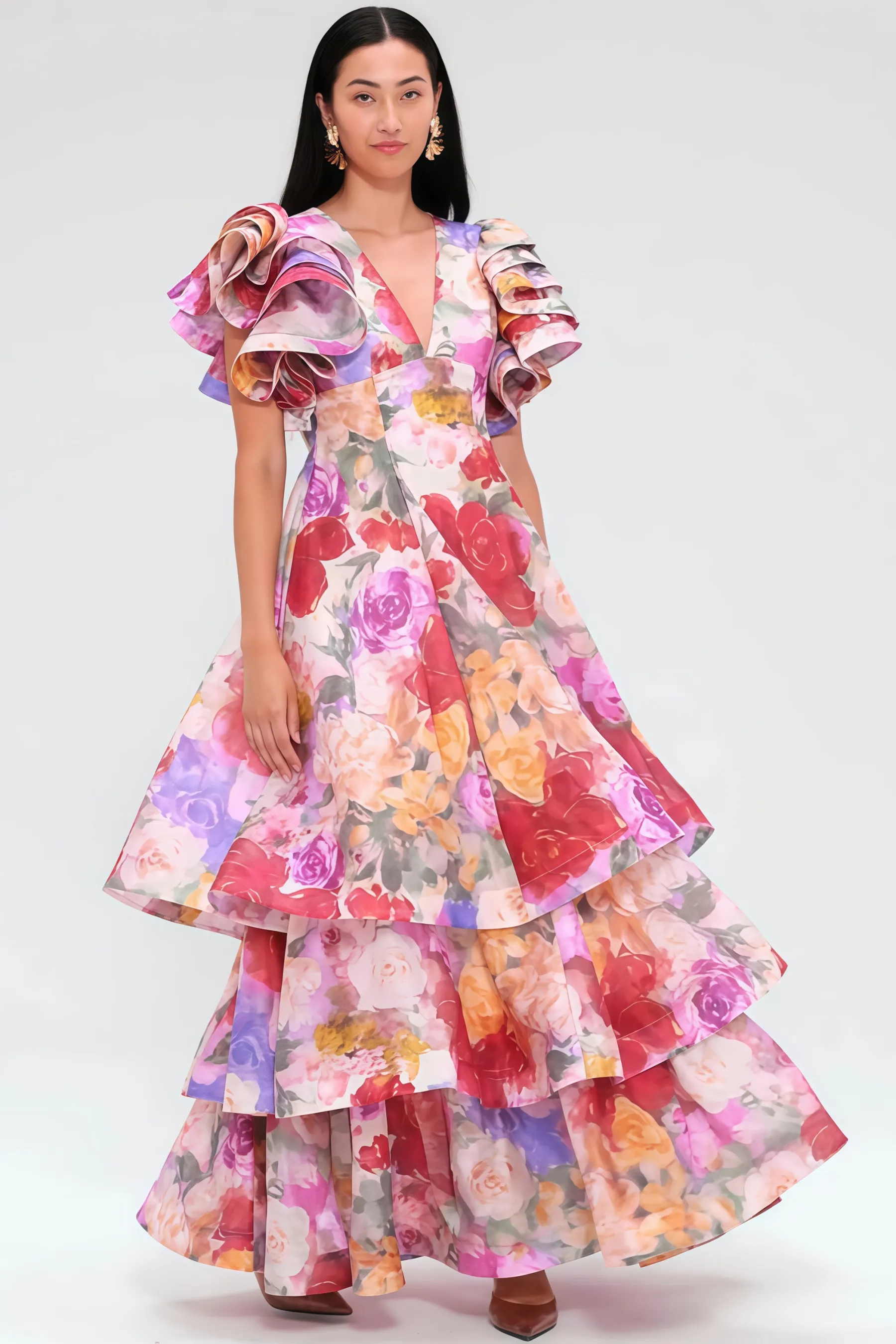 Mabel V Neck Floral Ruffle Maxi Dress