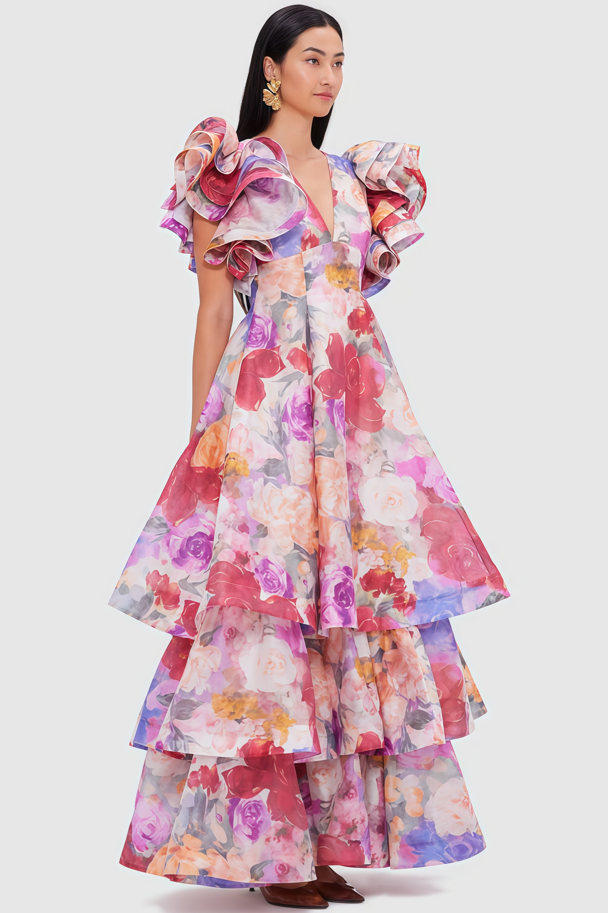 Mabel V Neck Floral Ruffle Maxi Dress