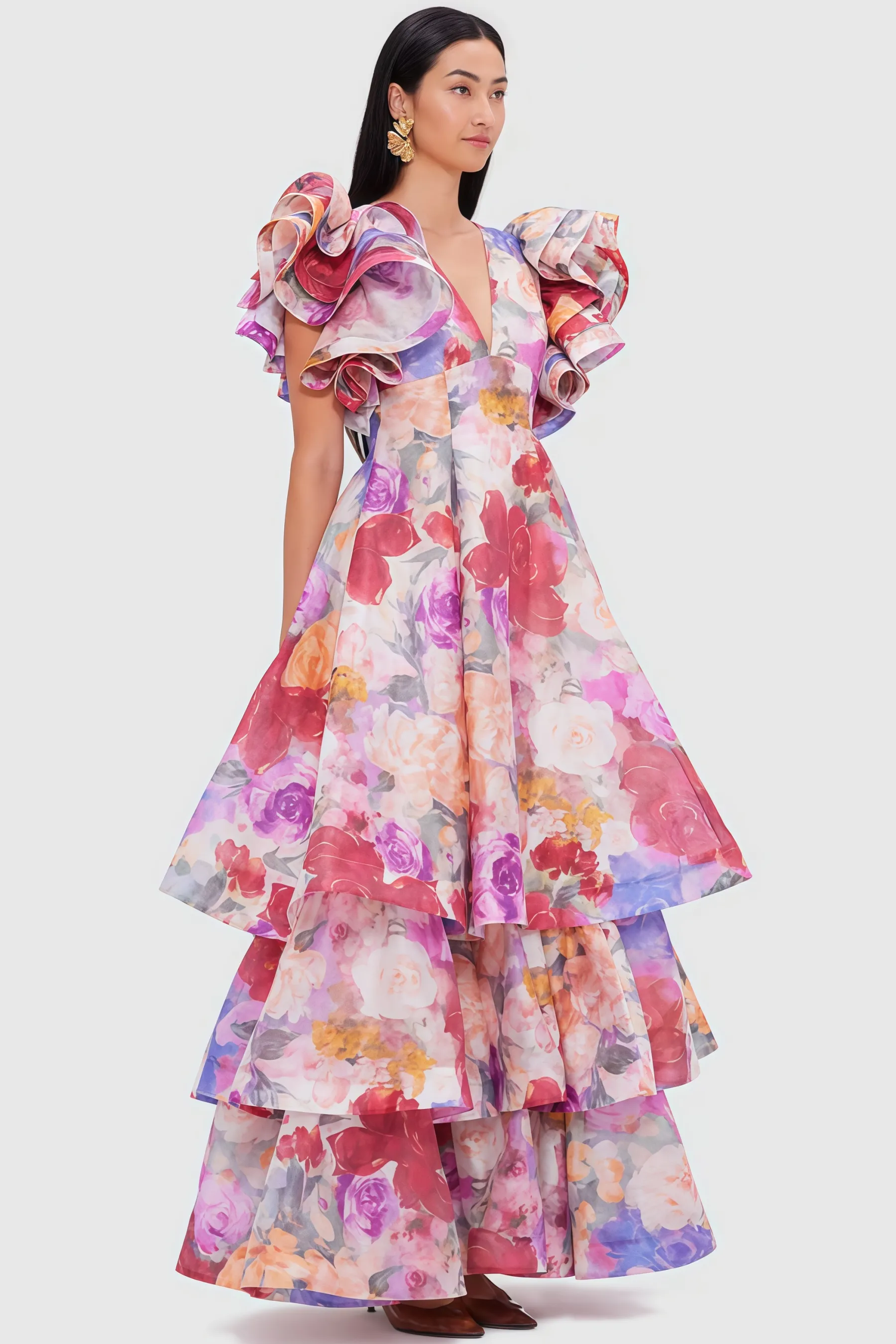 Mabel V Neck Floral Ruffle Maxi Dress