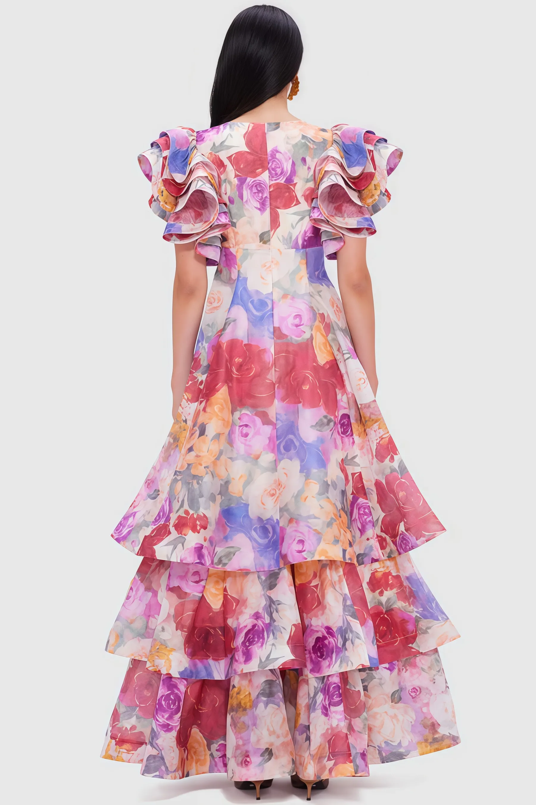 Mabel V Neck Floral Ruffle Maxi Dress