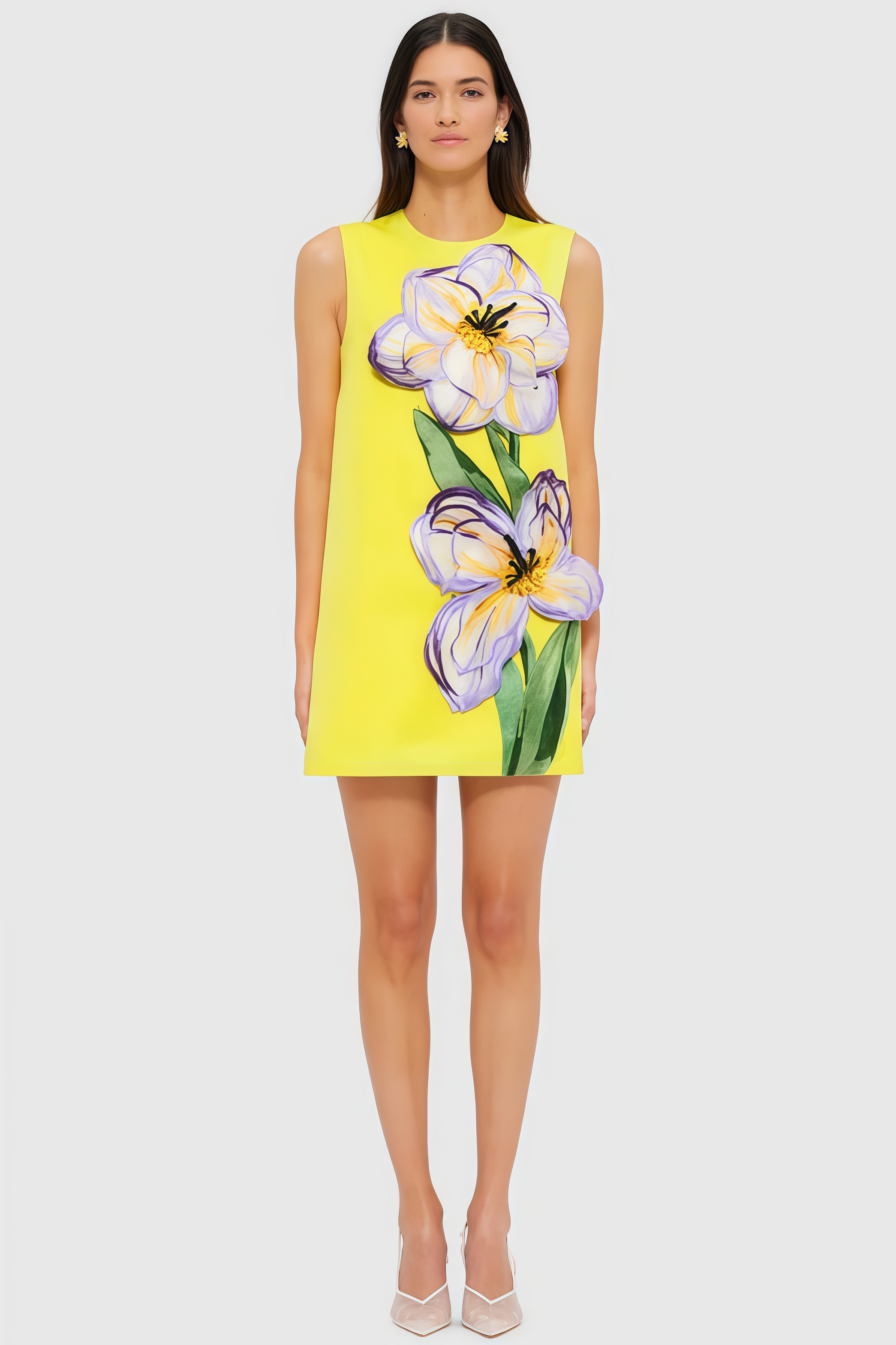 Garrisf Yellow 3D Floral Mini Dress
