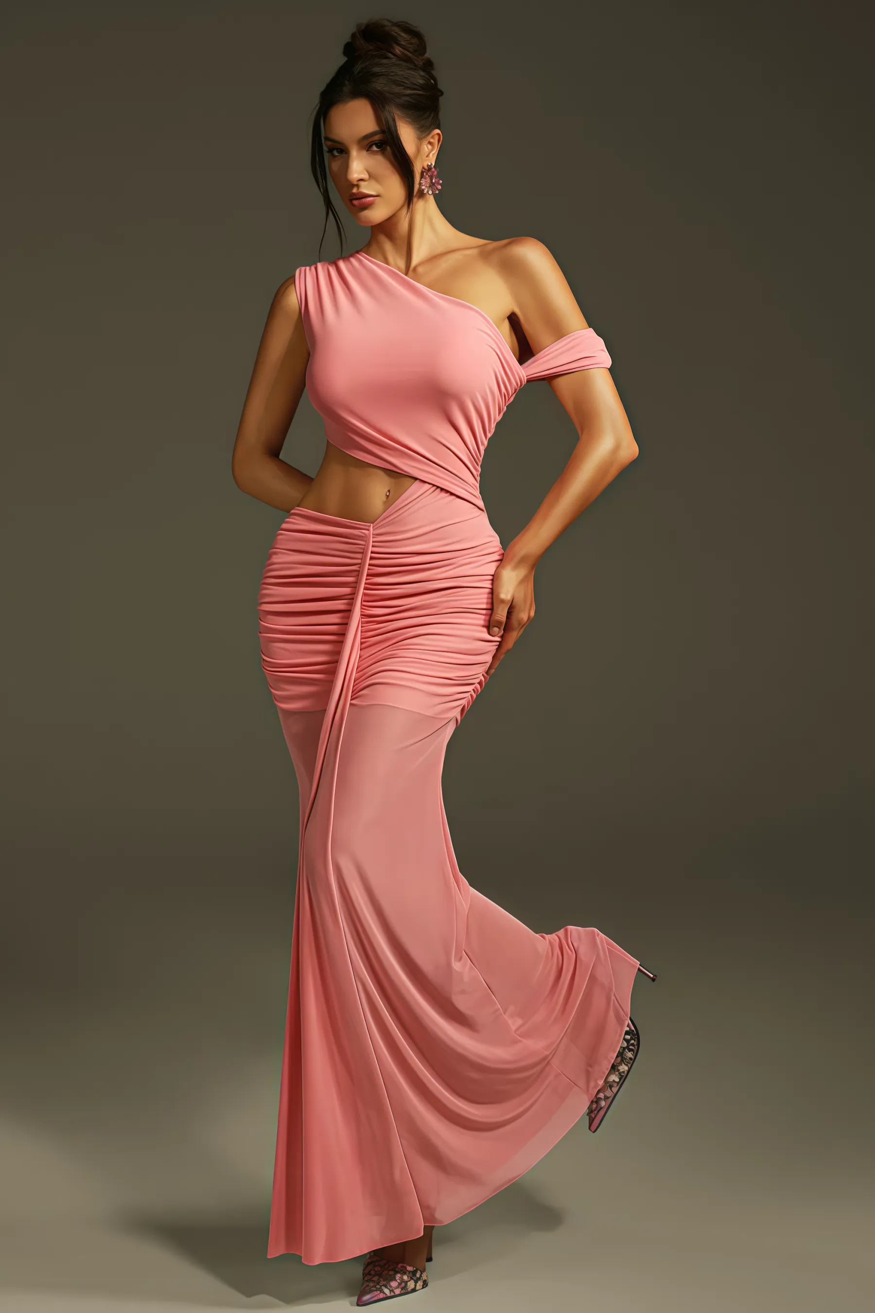Orielrt Cutout Ruched Mesh Maxi Dress