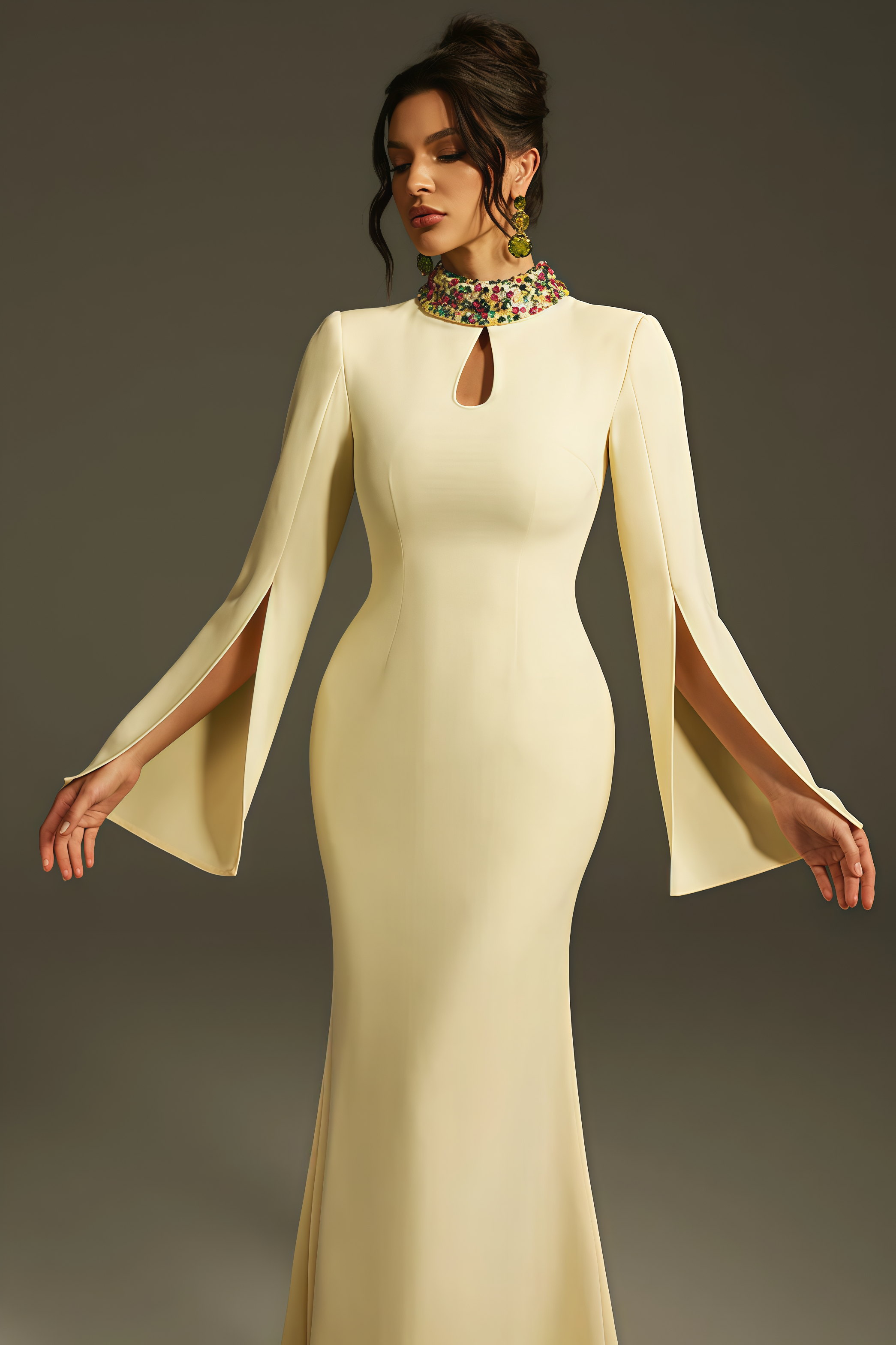 Linned Yellow Cape Sleeve Cutout Maxi Dress