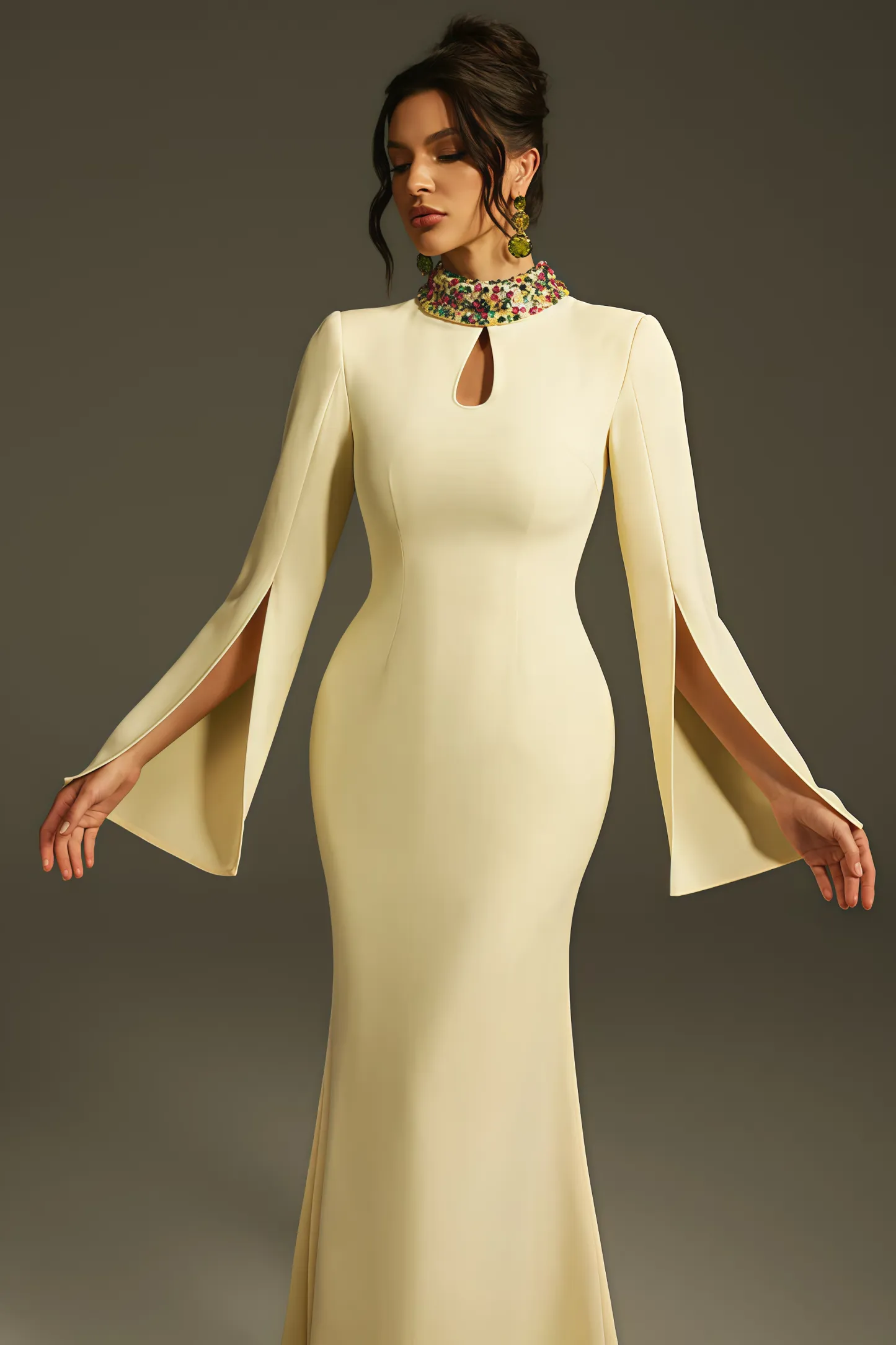 Linned Yellow Cape Sleeve Cutout Maxi Dress