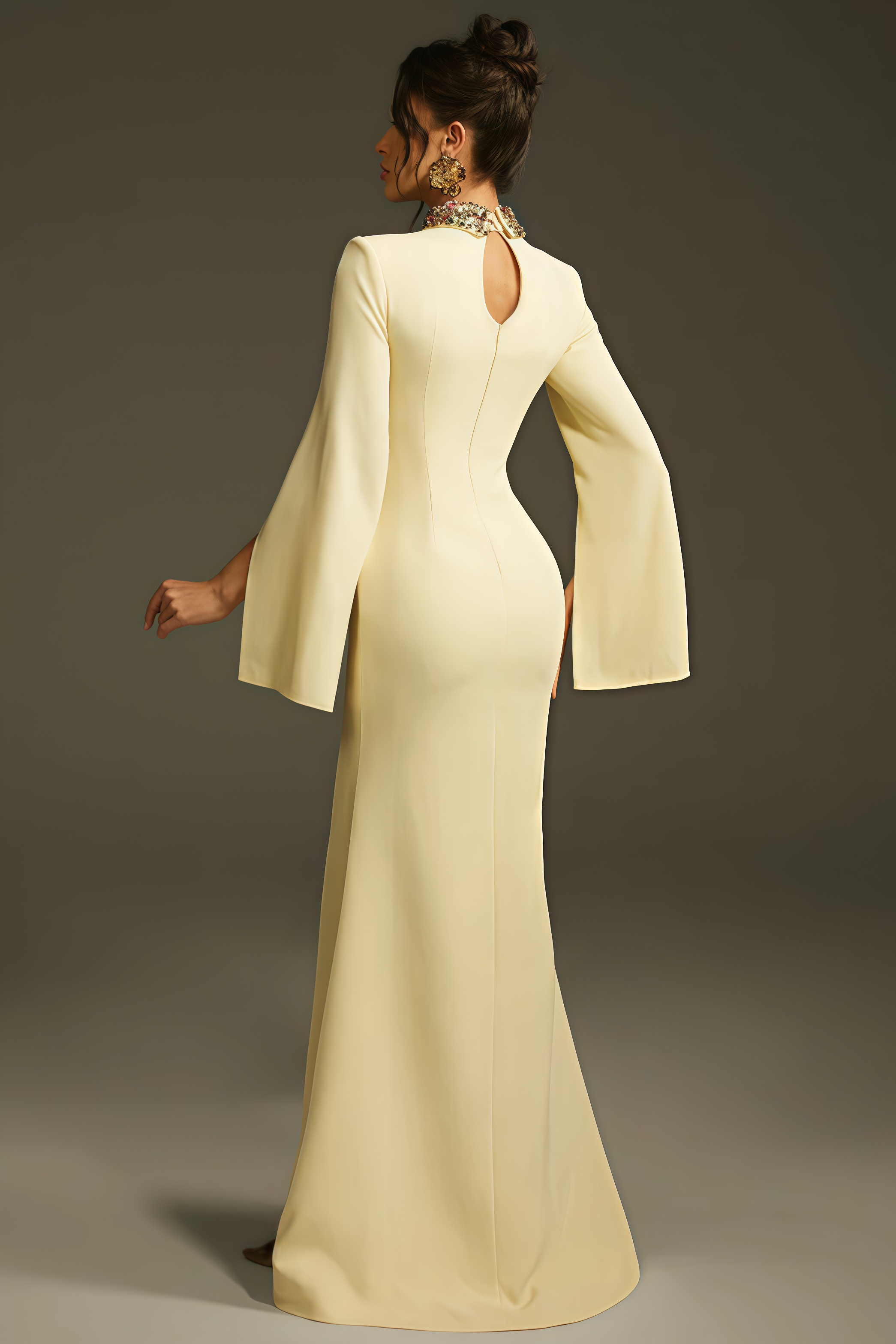 Linned Yellow Cape Sleeve Cutout Maxi Dress