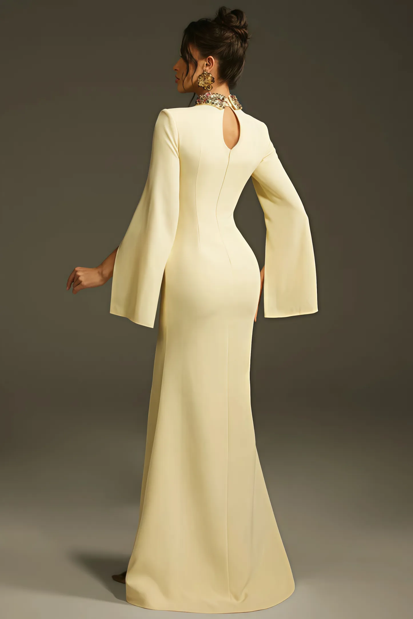 Linned Yellow Cape Sleeve Cutout Maxi Dress
