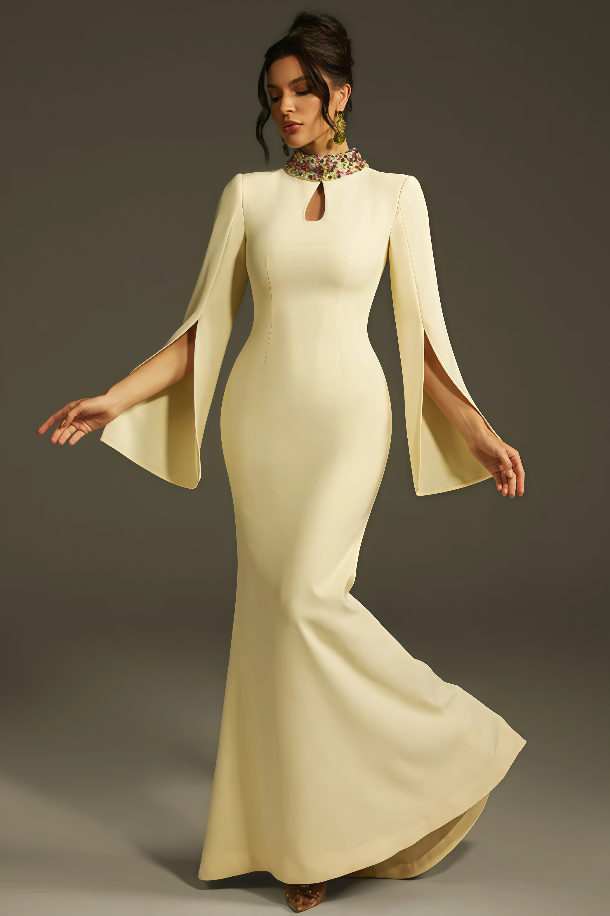 Linned Yellow Cape Sleeve Cutout Maxi Dress