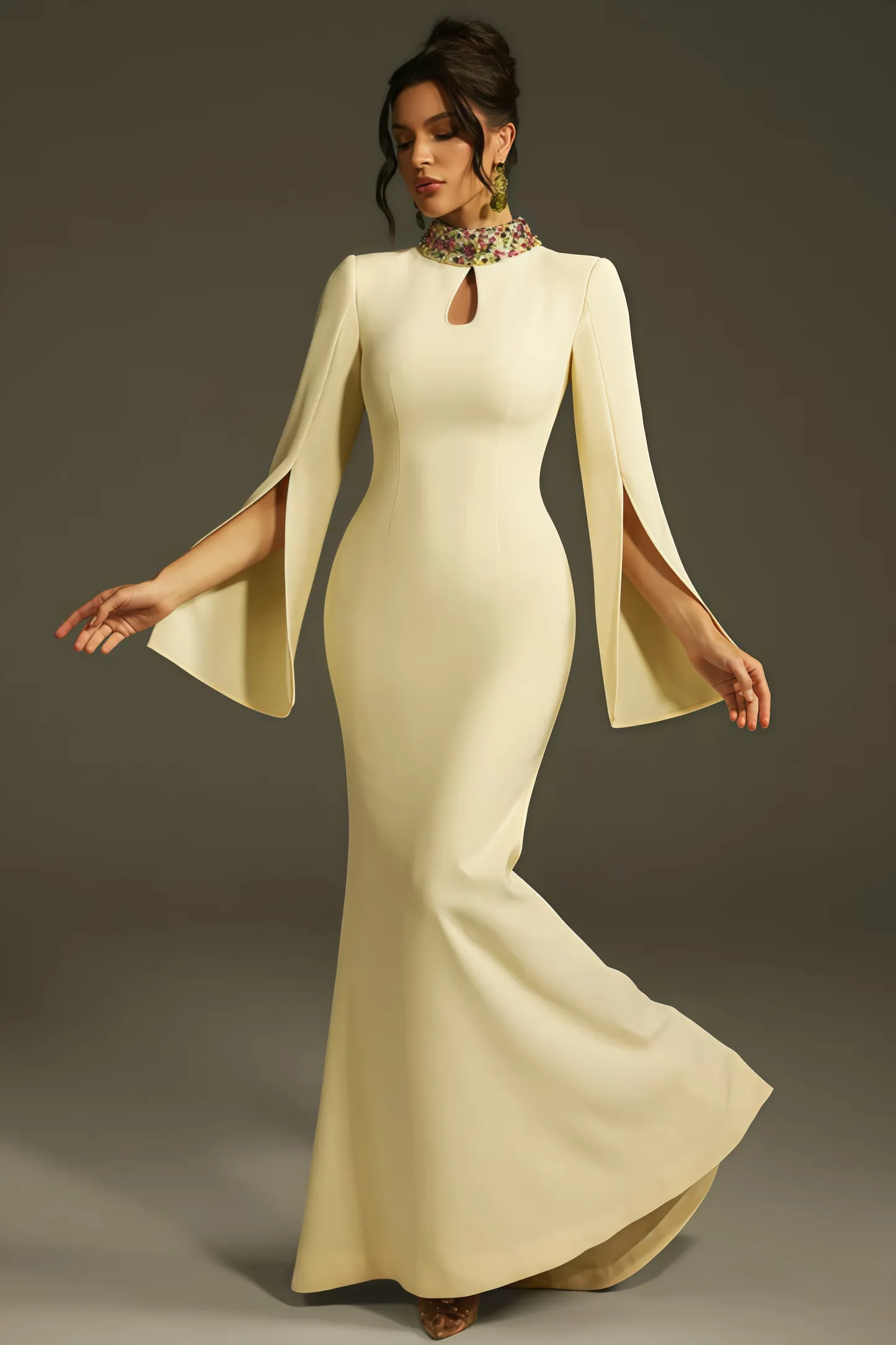 Linned Yellow Cape Sleeve Cutout Maxi Dress