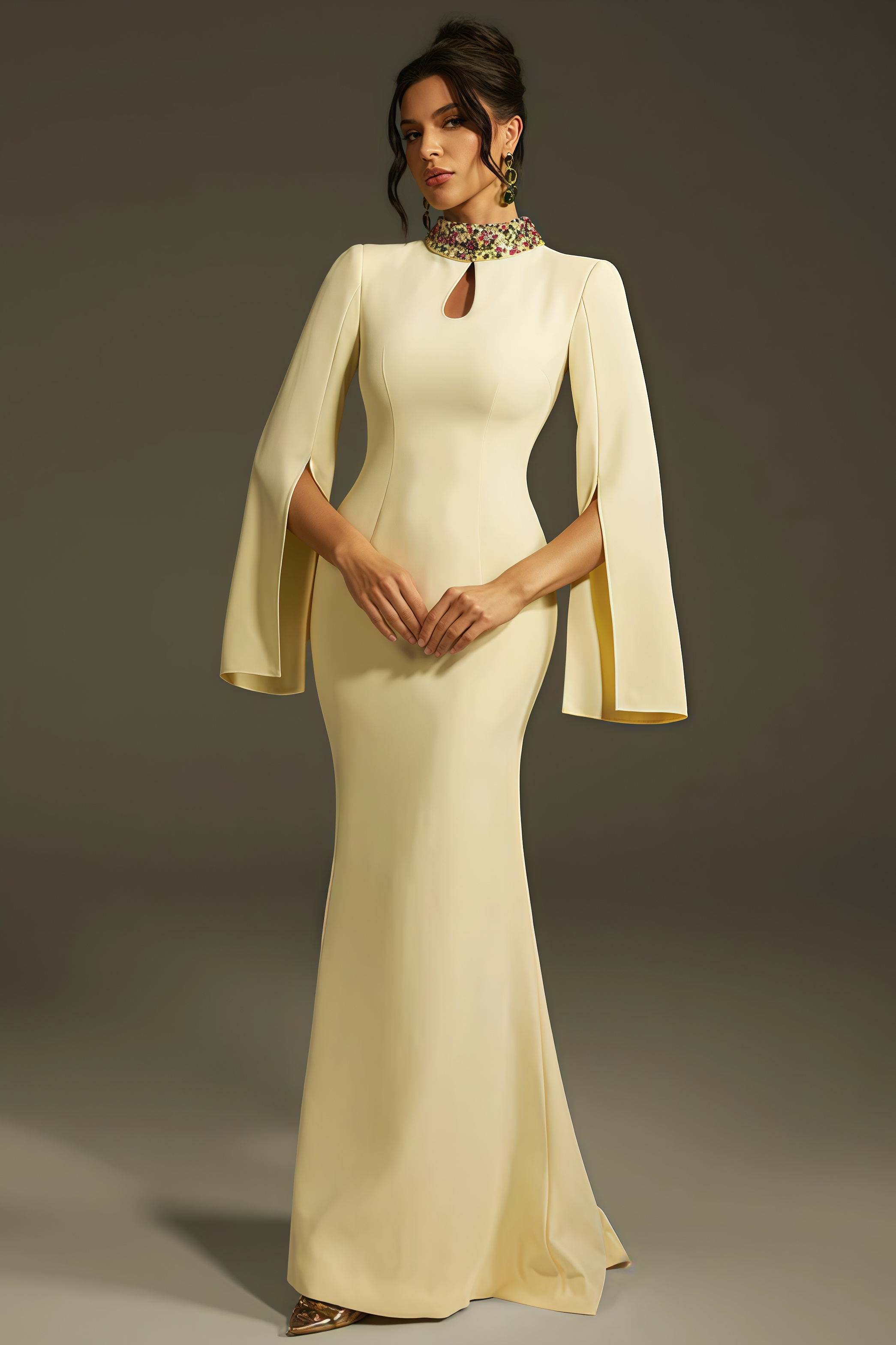 Linned Yellow Cape Sleeve Cutout Maxi Dress