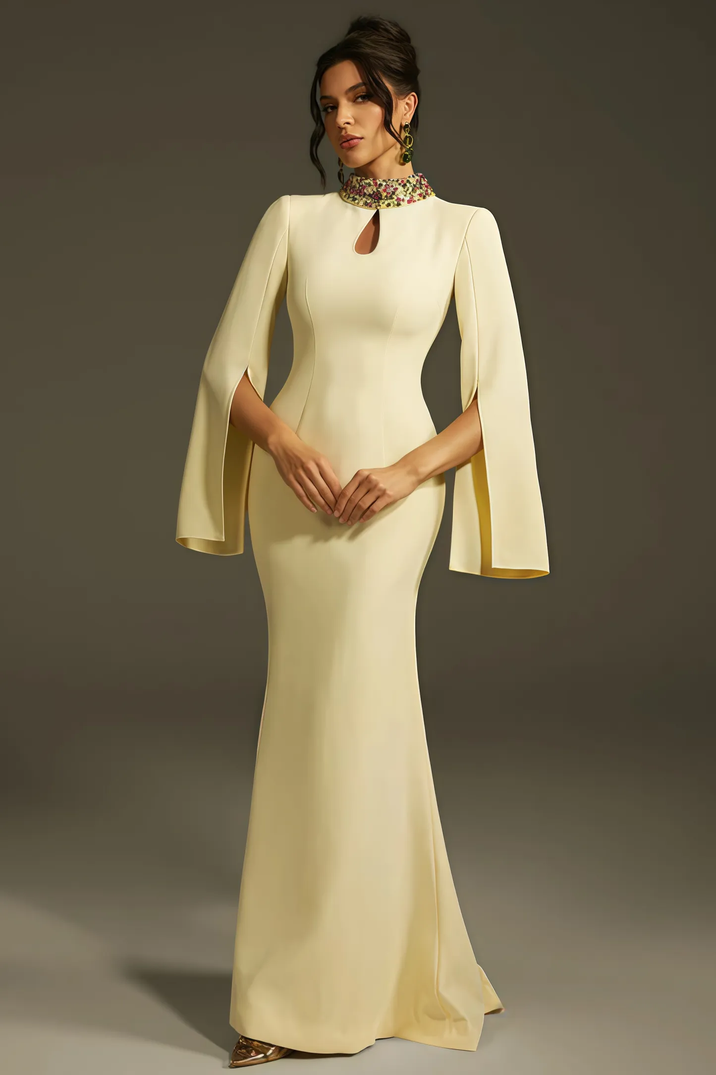Linned Yellow Cape Sleeve Cutout Maxi Dress