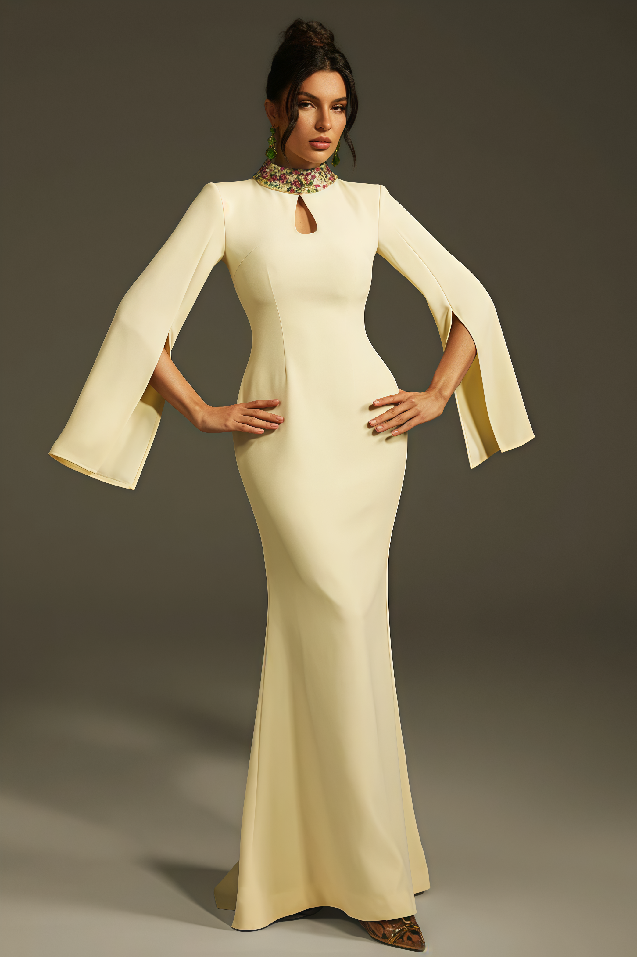 Linned Yellow Cape Sleeve Cutout Maxi Dress
