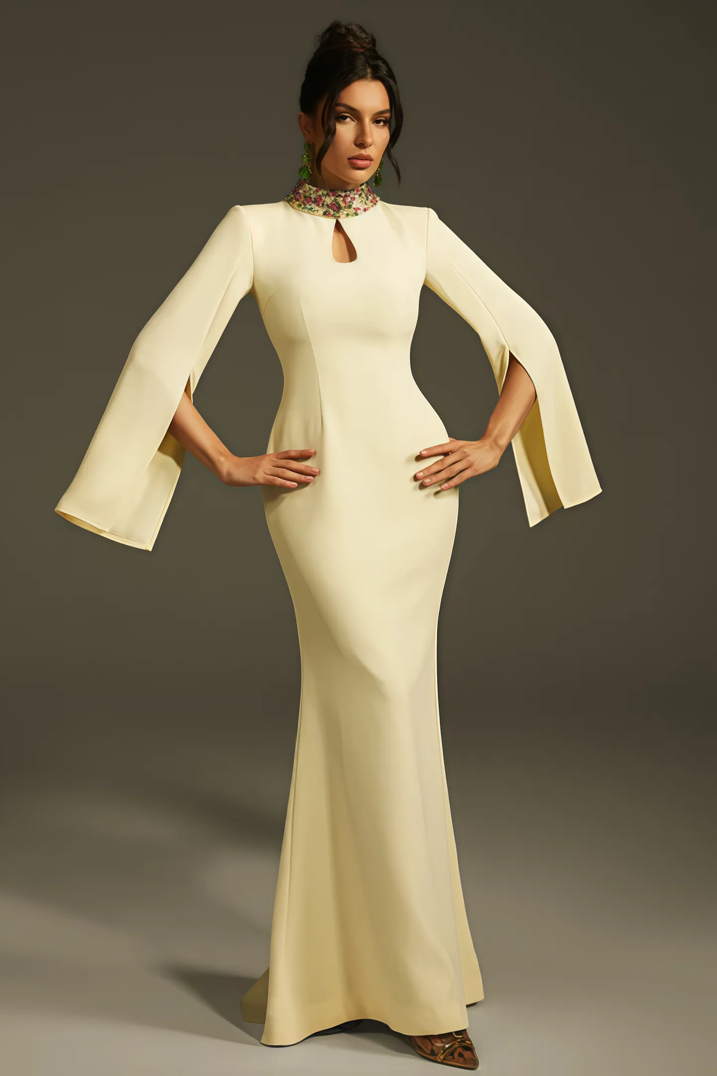 Linned Yellow Cape Sleeve Cutout Maxi Dress