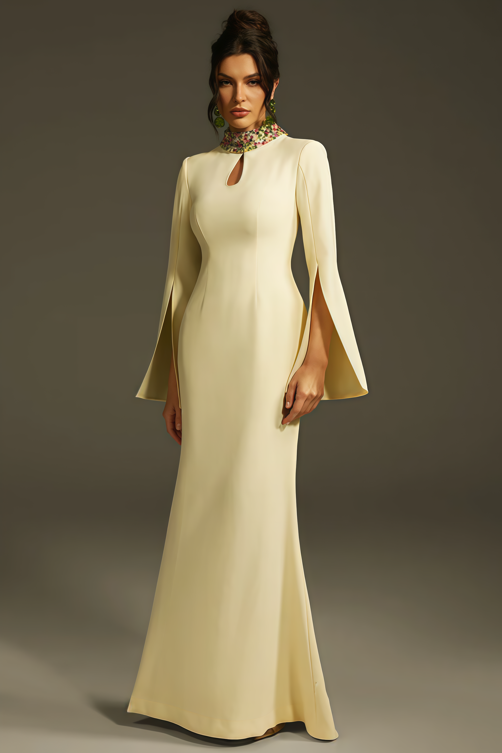 Linned Yellow Cape Sleeve Cutout Maxi Dress
