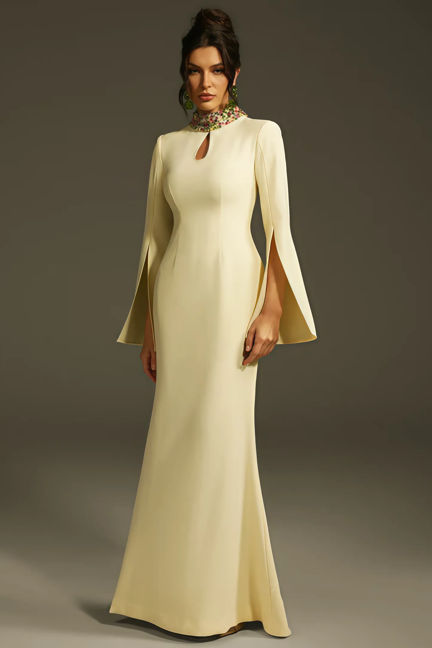Linned Yellow Cape Sleeve Cutout Maxi Dress