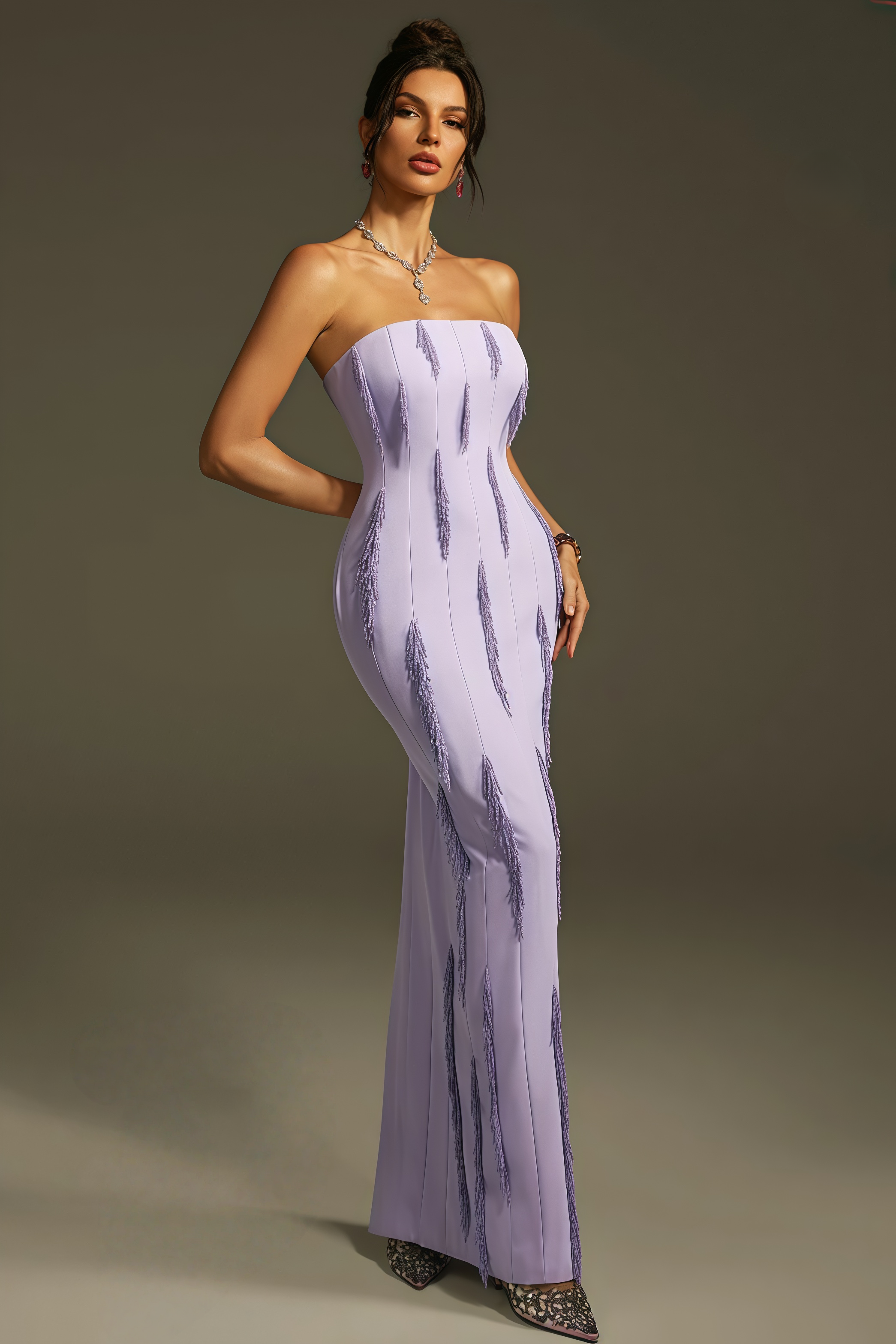 Liorald Strapless Beaded Fringe Maxi Dress