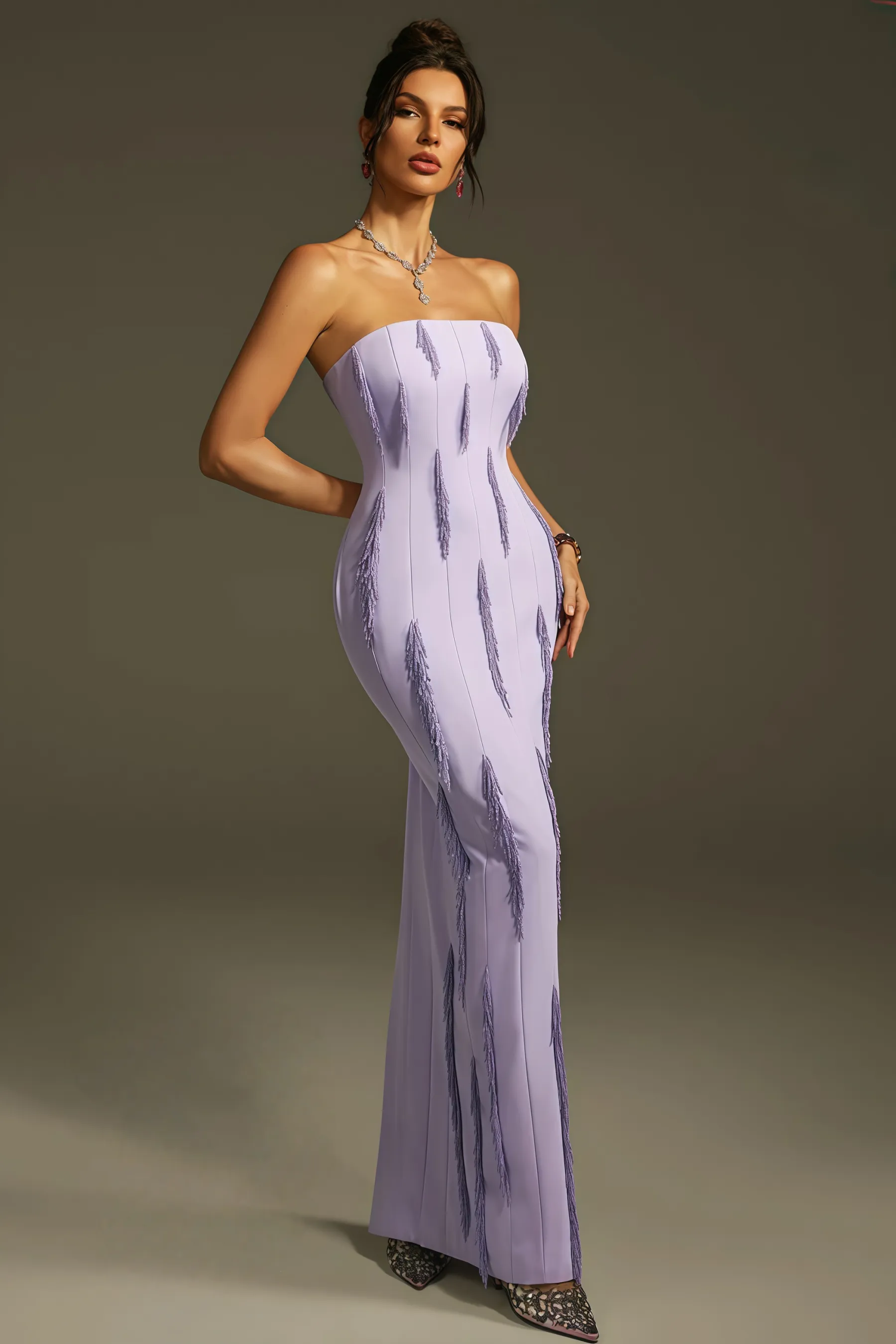 Liorald Strapless Beaded Fringe Maxi Dress
