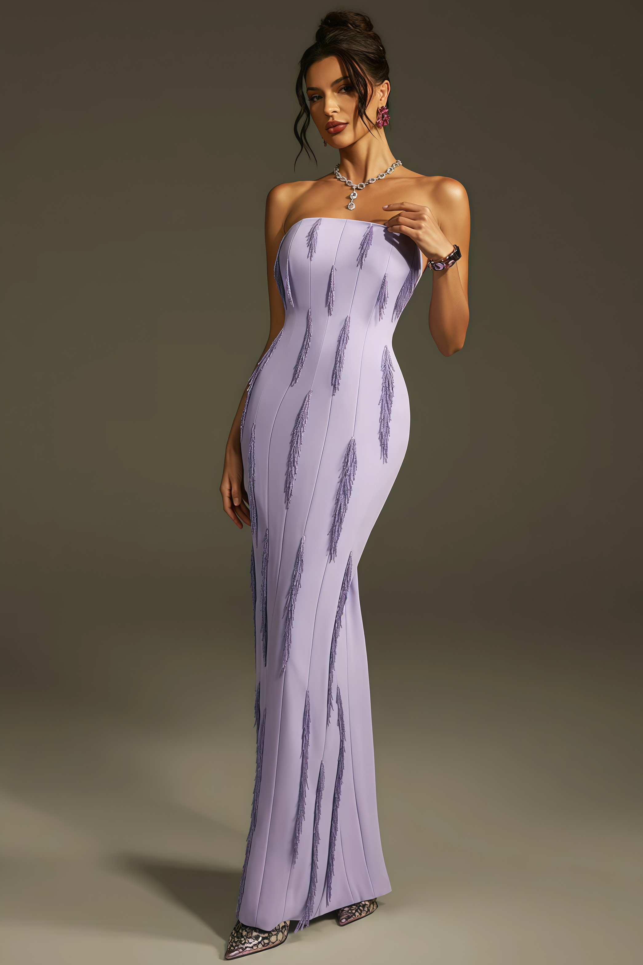 Liorald Strapless Beaded Fringe Maxi Dress