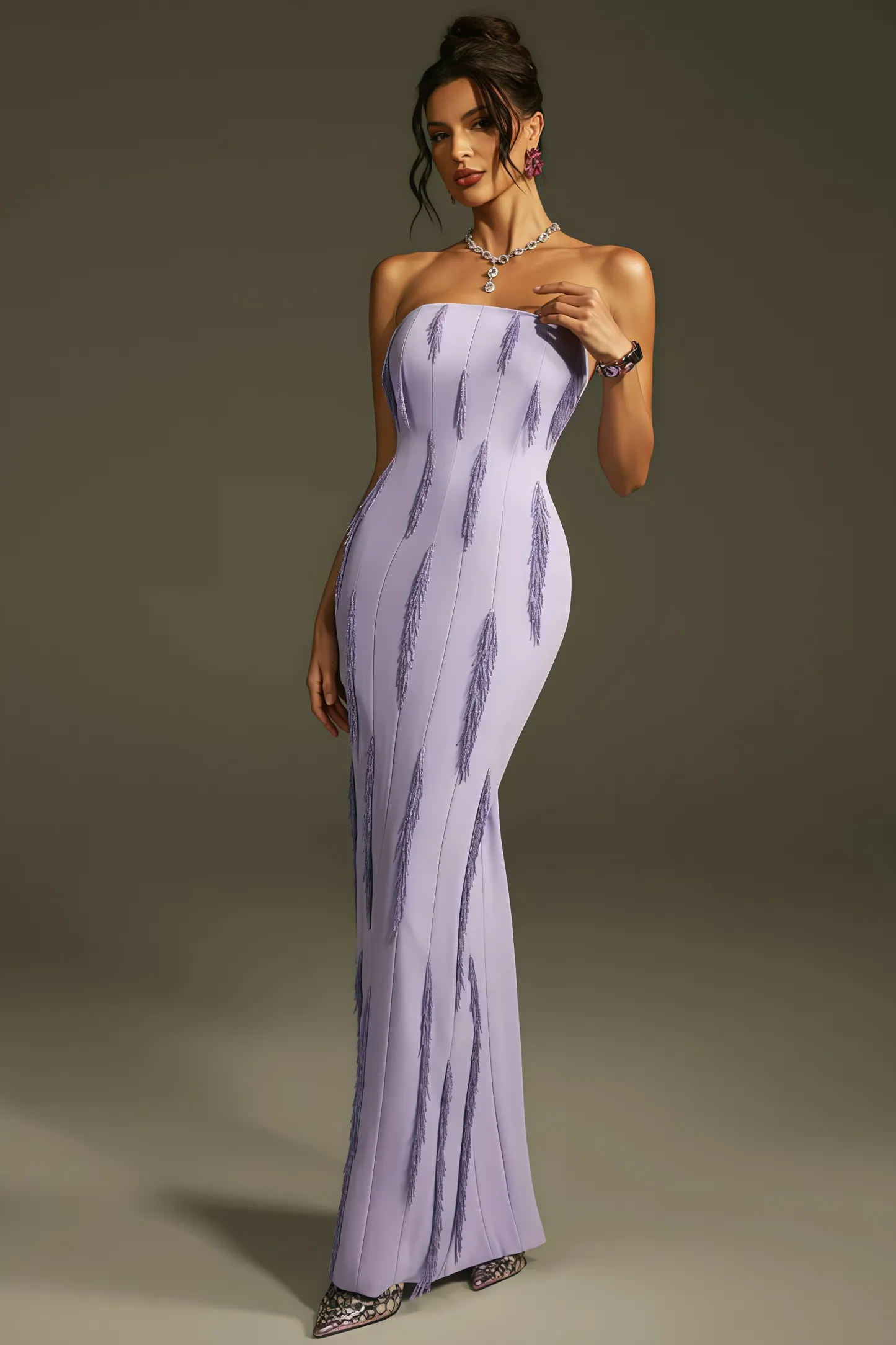 Liorald Strapless Beaded Fringe Maxi Dress