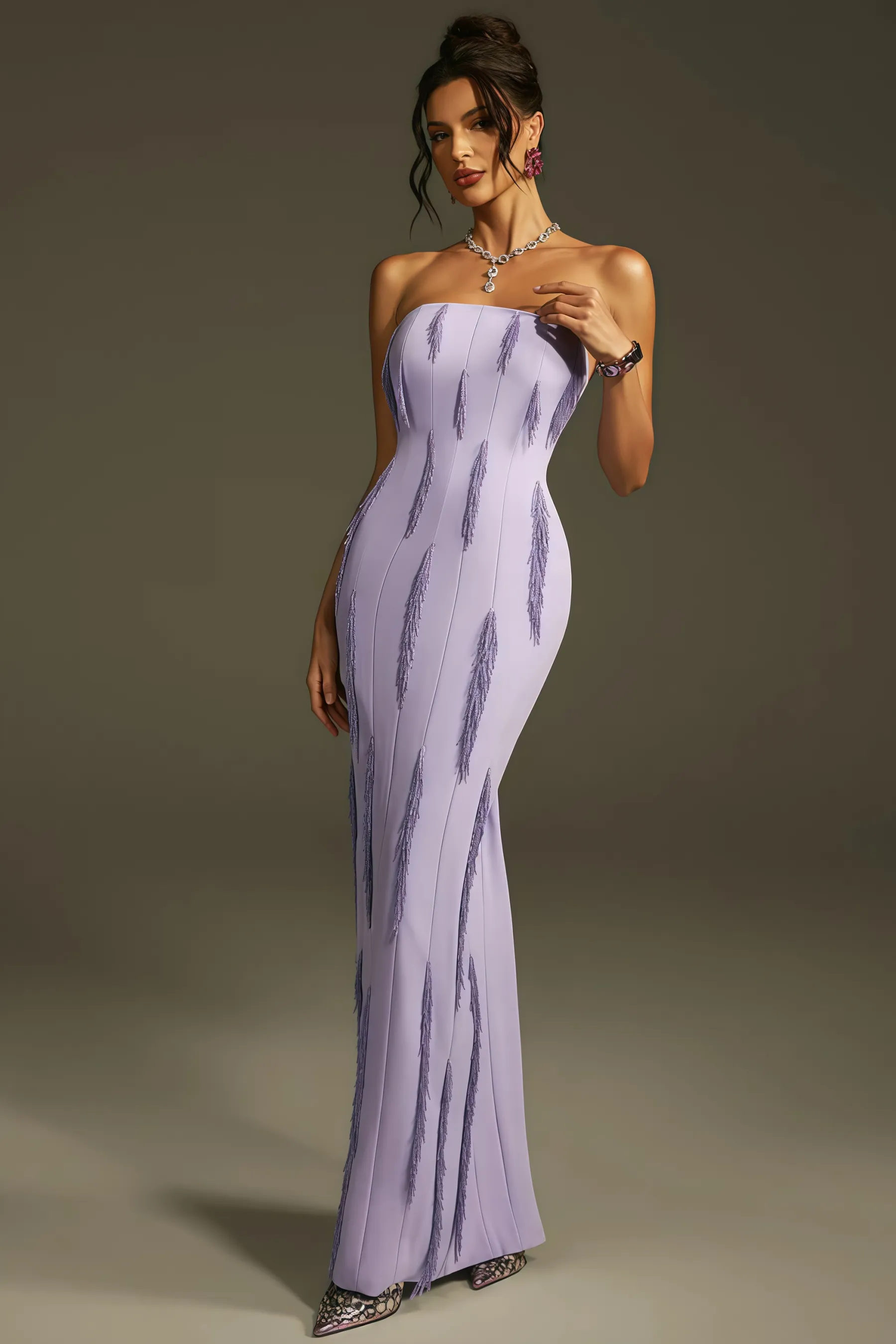 Liorald Strapless Beaded Fringe Maxi Dress