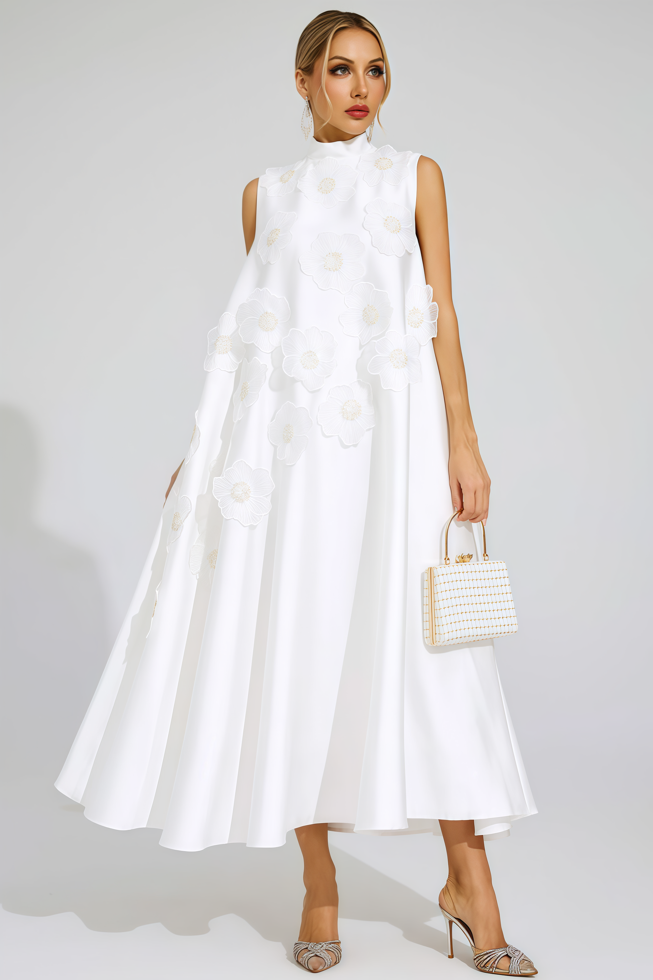 Jaxsty White Flowers Sleeveless Maxi Dress