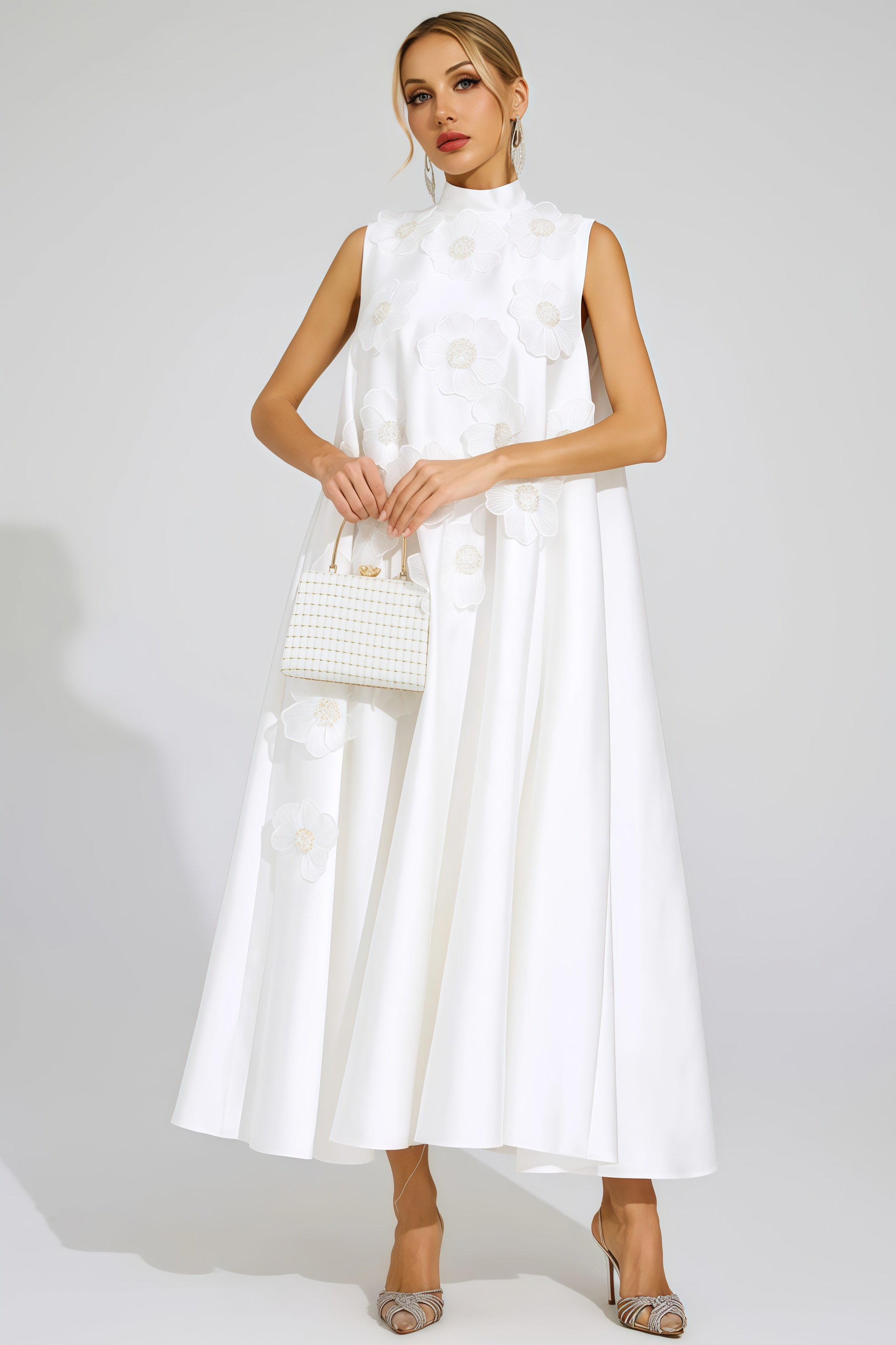 Jaxsty White Flowers Sleeveless Maxi Dress