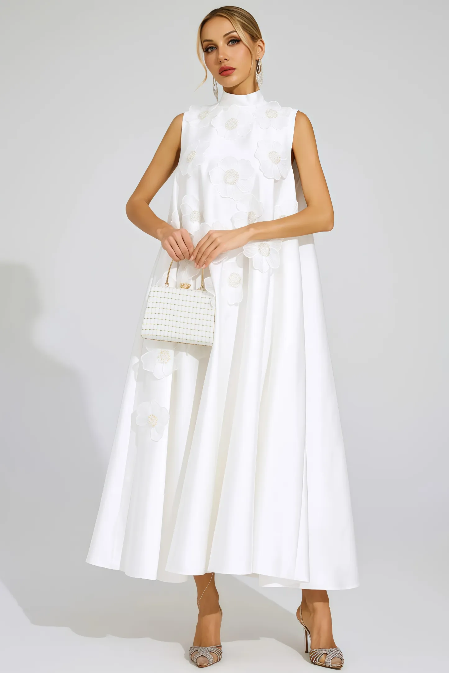 Jaxsty White Flowers Sleeveless Maxi Dress