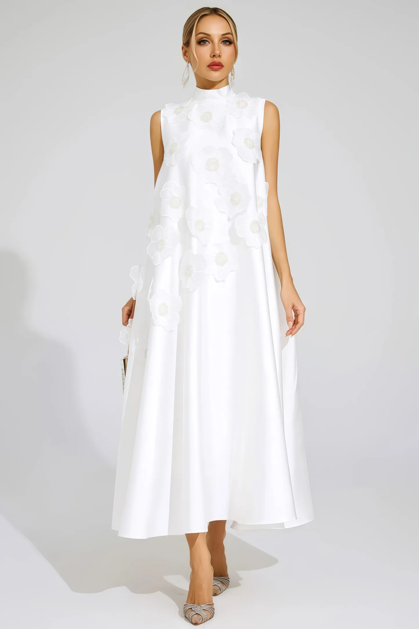 Jaxsty White Flowers Sleeveless Maxi Dress