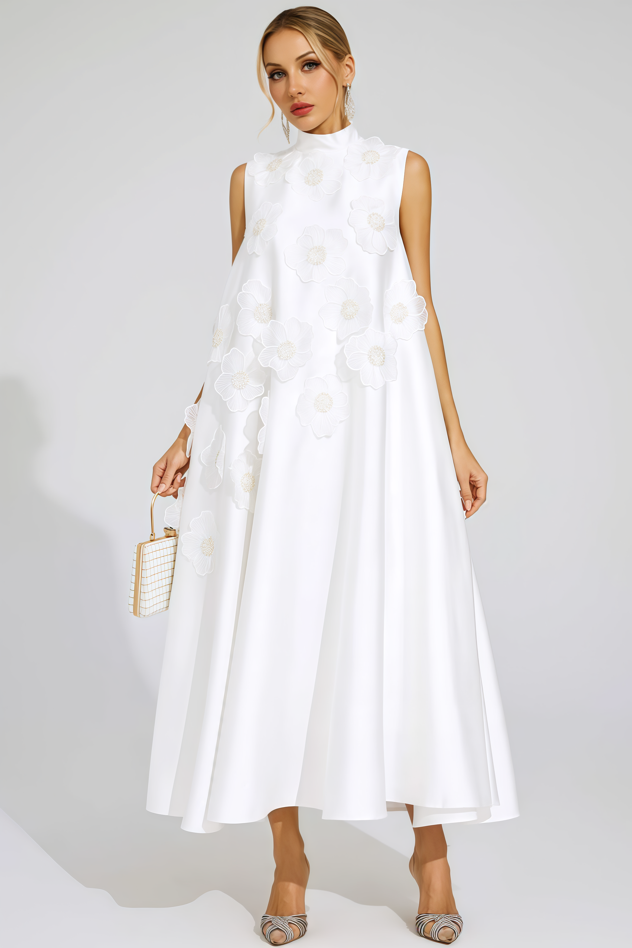 Jaxsty White Flowers Sleeveless Maxi Dress