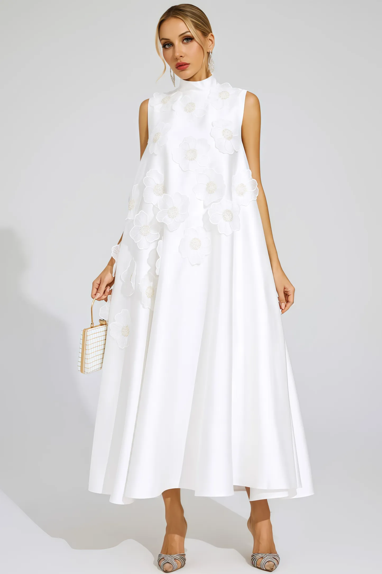 Jaxsty White Flowers Sleeveless Maxi Dress